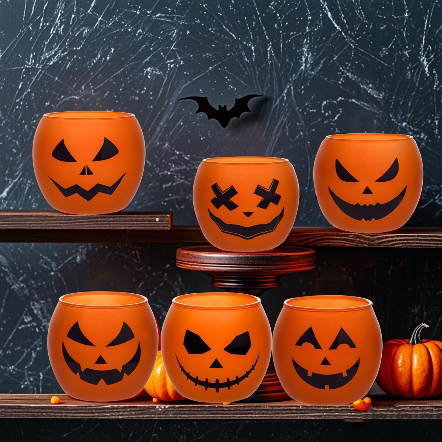 Galssmagic Halloween Table Decor Candle Holder Set of 6,Orange Pumpink Grimace Glass Votive Candle Holders Indoor Outdoor Halloween Decor