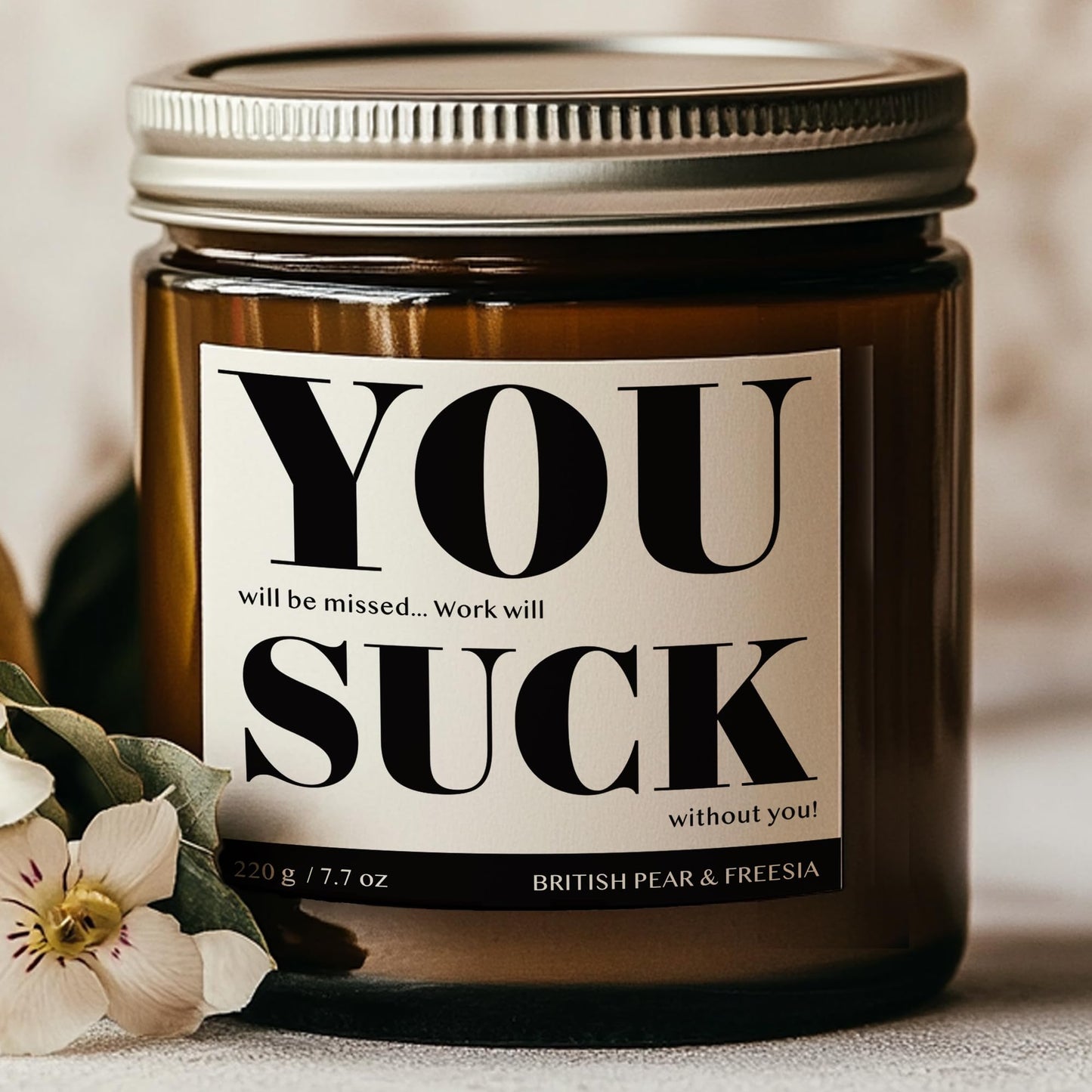 7.7oz Funny Candles for Coworkers by SIKO - British Pear & Freesia - Natural Soy Wax, Non-Toxic, Long-Lasting Aromatherapy Candle with Gift Card - Coworker Leaving Gifts for Women & Men - (You Suck)