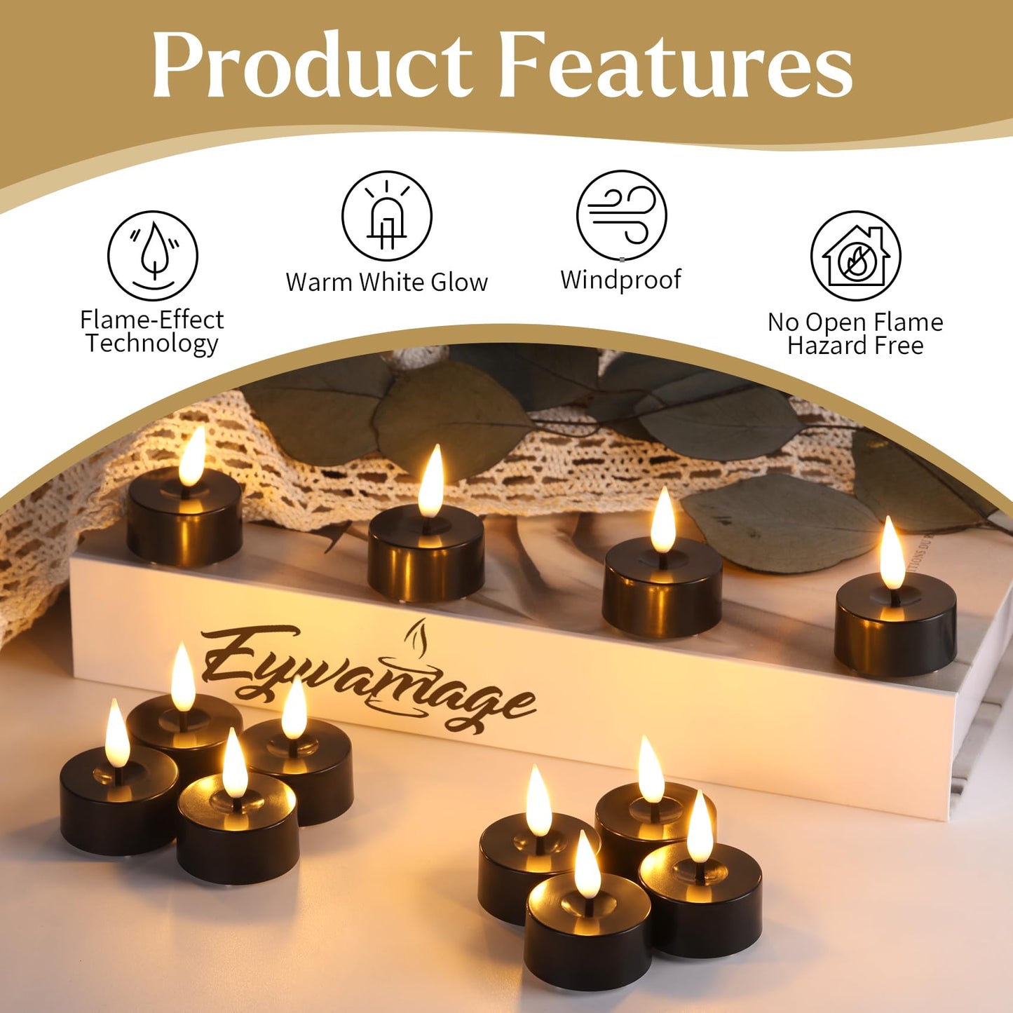 Eywamage Black Flameless LED Tealights with Timer, Flickering Battery Operated Tea Lights Votive Candles Set of 12