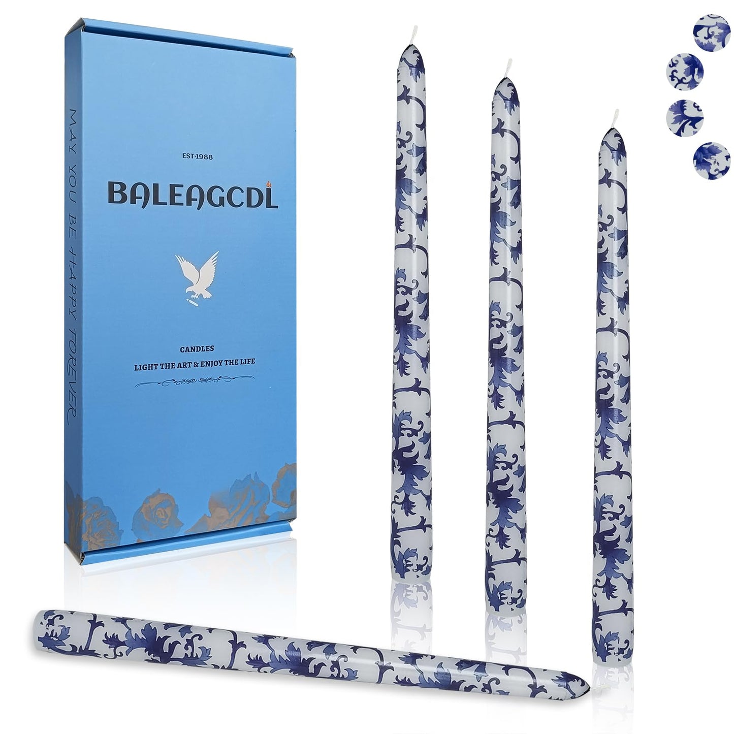 Foloral Prints Taper Candles Blue and White Porcelain Handmade Candle 10 Inch Unscented Long Candlesticks Smokelss for Decor & Gifts Set of 4