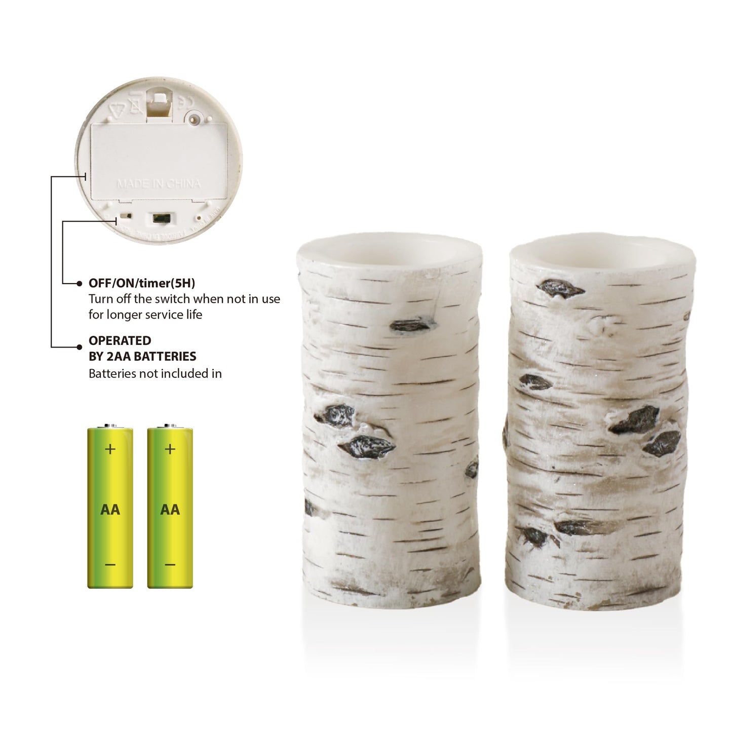 H-BLOSSOM Flickering Flameless Candles Birch Bark Effect Battery Operated Real Wax Pillar Candles LED Candles with Cycling 5H Timer Pack of 2 (3" x 6")