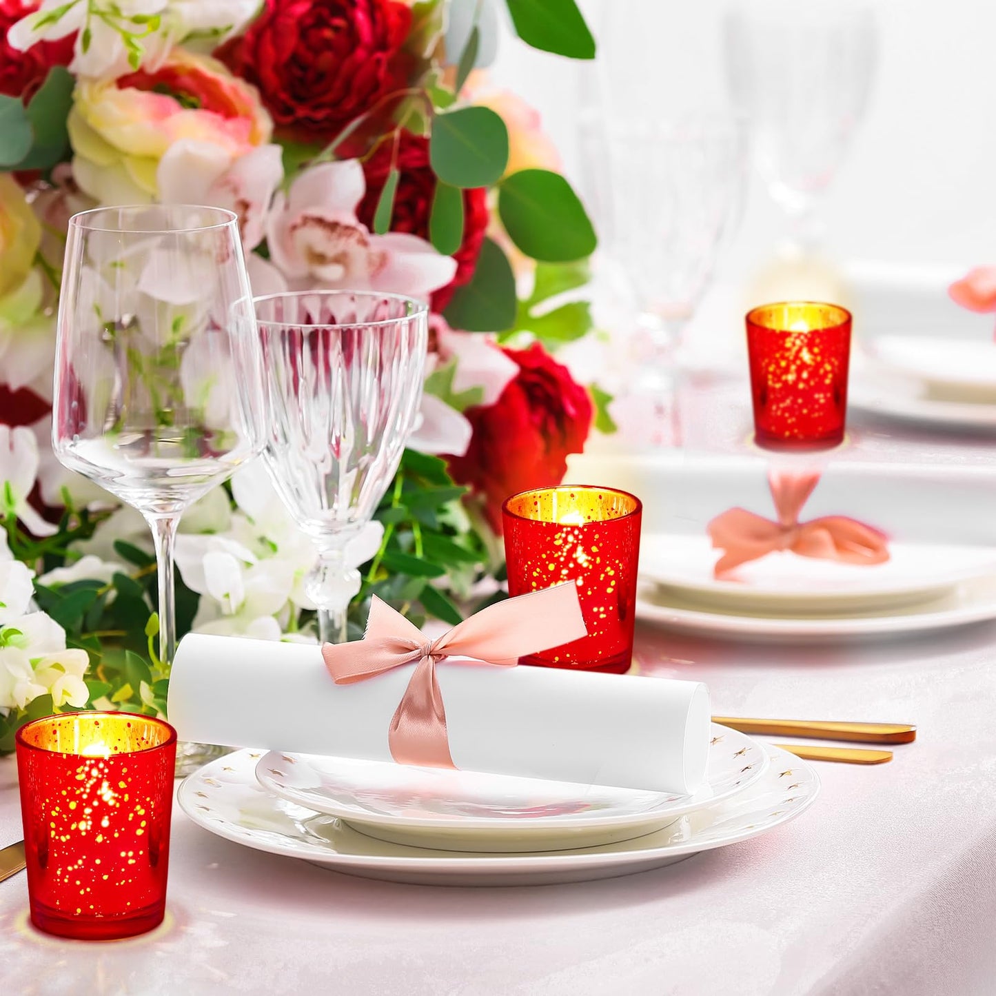 50 Pcs Votive Candle Holders Bulk Glass Votive Candle Holder Tealight Candle Holder Wedding Centerpiece for Table Home Birthday Anniversary Bridal Shower Party Decoration Reception (Red)