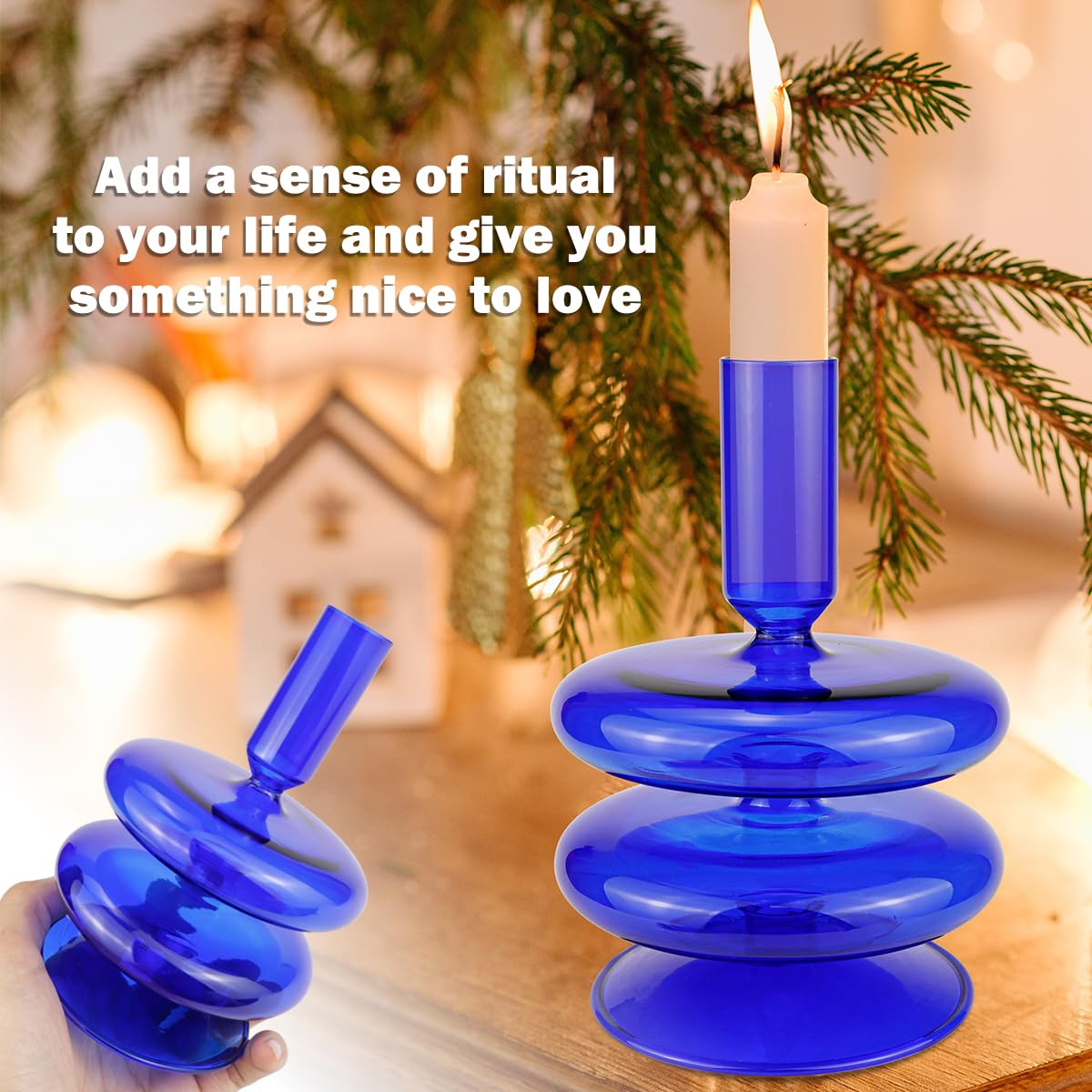 LNQ LUNIQI Glass Candle Holder for Taper Candles,Clear Decorative Candle Sticks Holders for Wedding Valentines Day Birthday Party Centerpiece (Dark Blue)