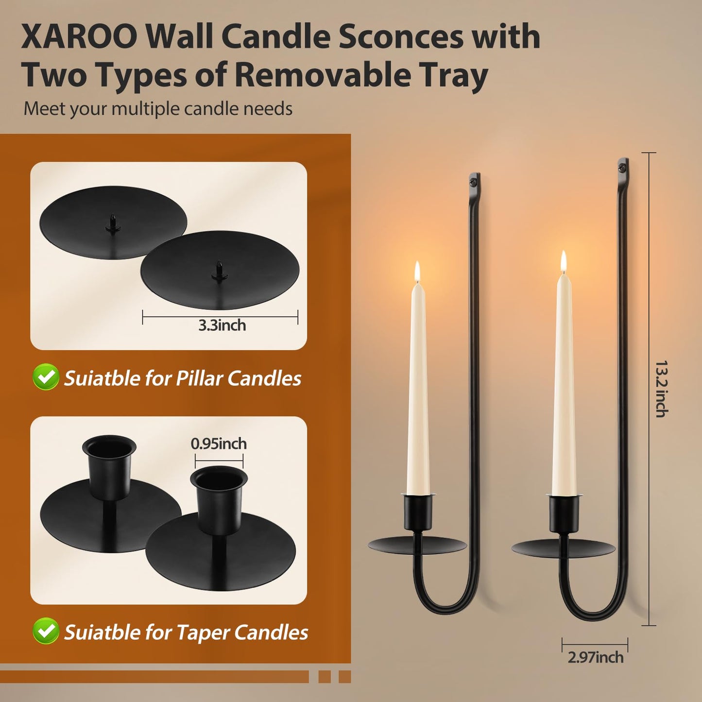 Candle Sconces Set of 2, Taper & Pillar Wall Candle Holder, 13.2 Inch Black Wall Sconces Set of Two, Decor for Entryway, Stair Corner, Living Room, Gifts for Men Women Mom or Dad