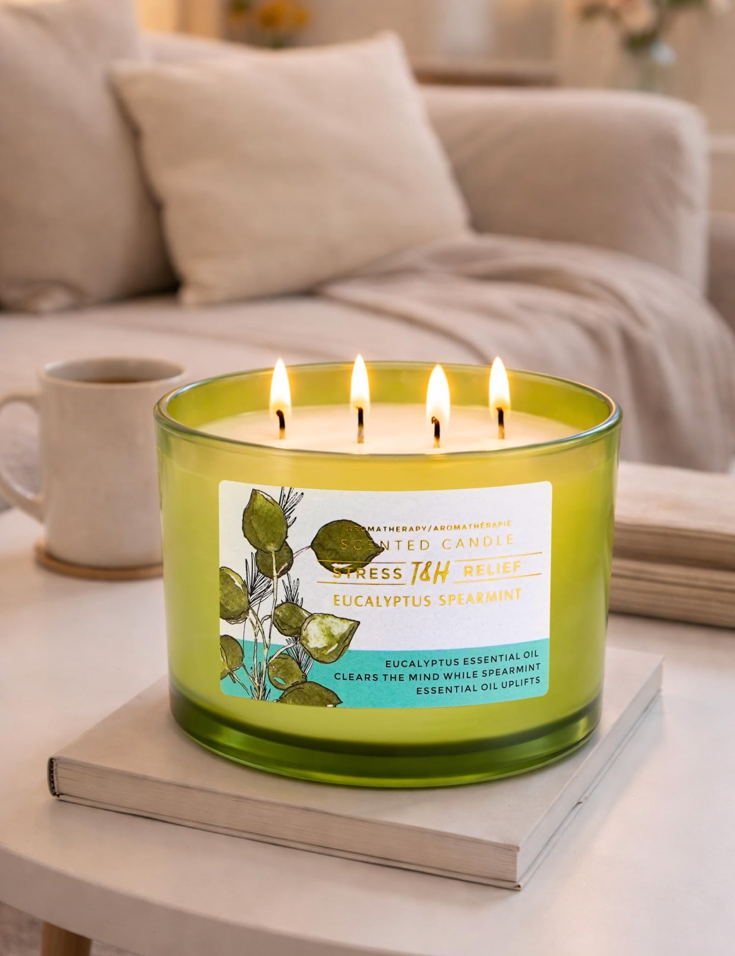 Eucalyptus Spearmint Candle | 4 Wick Extra Large Scented Soy Candle 20 oz | Highly Scented Aromatherapy Stress Relief Spa Candles | Fresh Eucalyptus Mint Home Scent | Long Lasting Clean Burn