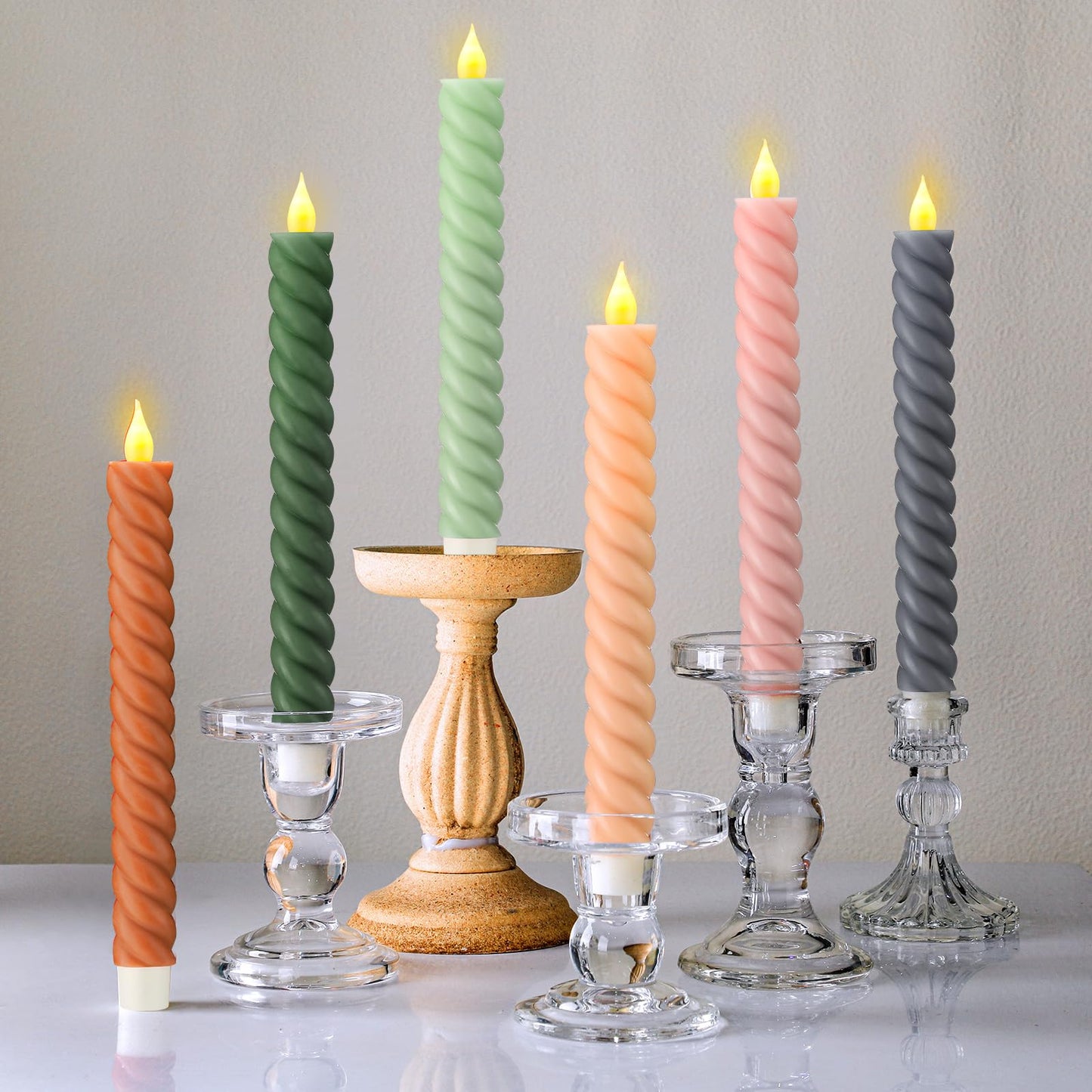 Baquler 6 Pcs Pastel Flameless Taper Candle Twisted 9.65 in Spring Colorful Taper Candles Battery Operated Pastel Spiral Candlestick LED for Wedding Birthday Home Party Holiday Dinner Fireplace