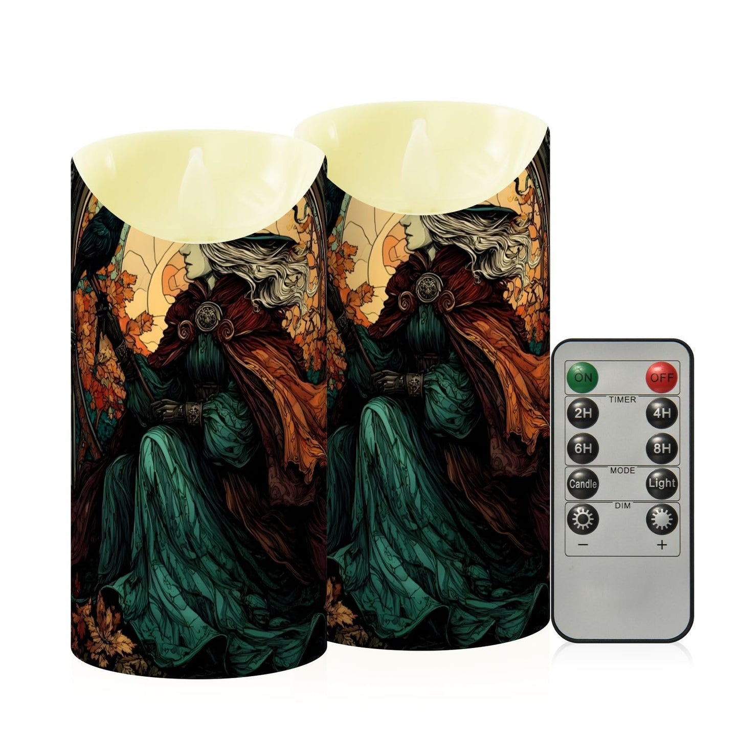ZRYSMY Witch Crow Stain Glass Flameless LED Candles with Remote and Timer - 5.9”x3”, 2 Pack, Battery-Operated Flickering Pillar Candles for Home Decor