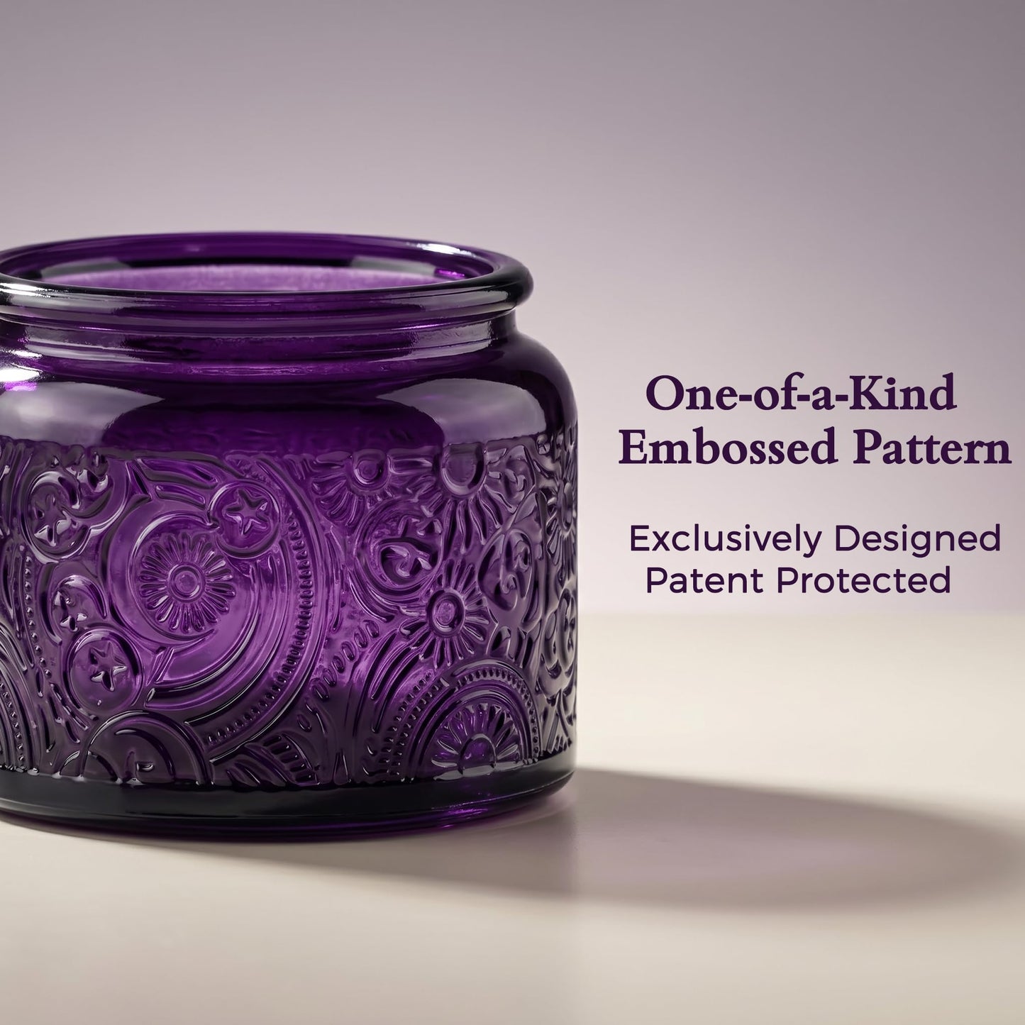 18-Pack 4oz Embossed Glass Candle Container with Bamboo Lids and Labels, Clear Candle Jars for Making Candles, Sun Moon Star Design (Purple)