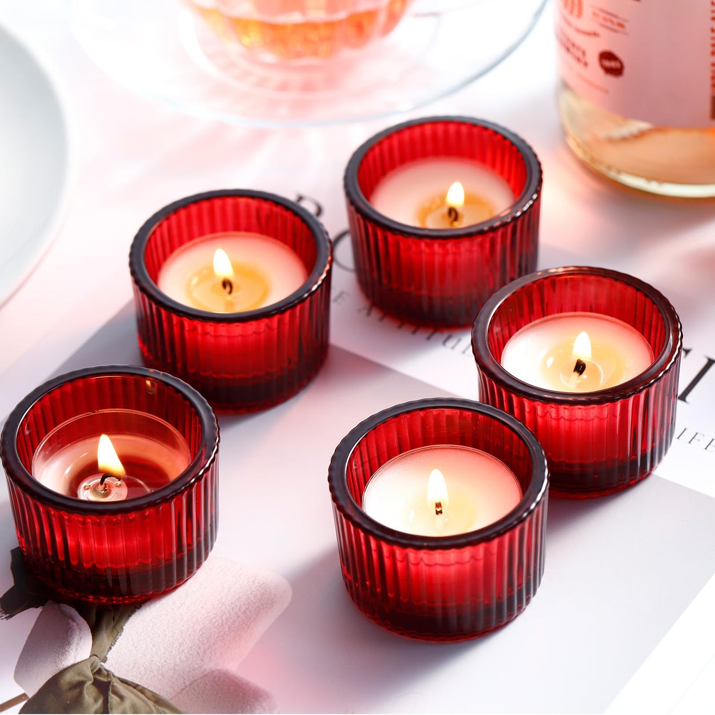 Cabaubl Red Candle Holders, Glass Votive Candles Holders for Table Centerpiece, Tealight Candle Holder, Glass Tea Light Candles Holder for Party & Home,Wedding Decor, Set of 12
