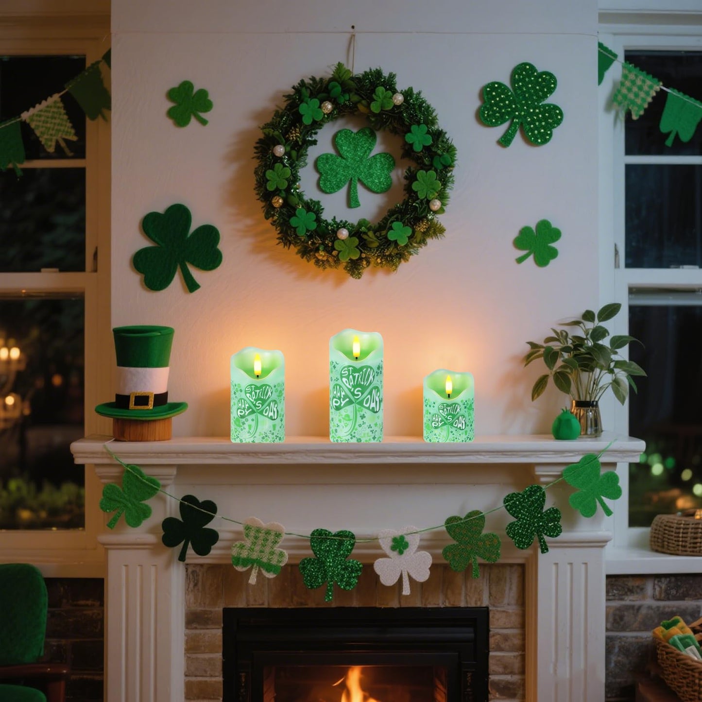 Flameless Candles Lights, Set of 3 Flickering St. Patrick's Day Pillar Candles with Remote & Timer, Dimmable Real Wax Shamrock LED Candles Battery Operated for Home St. Patrick's Day Decor (Clover)