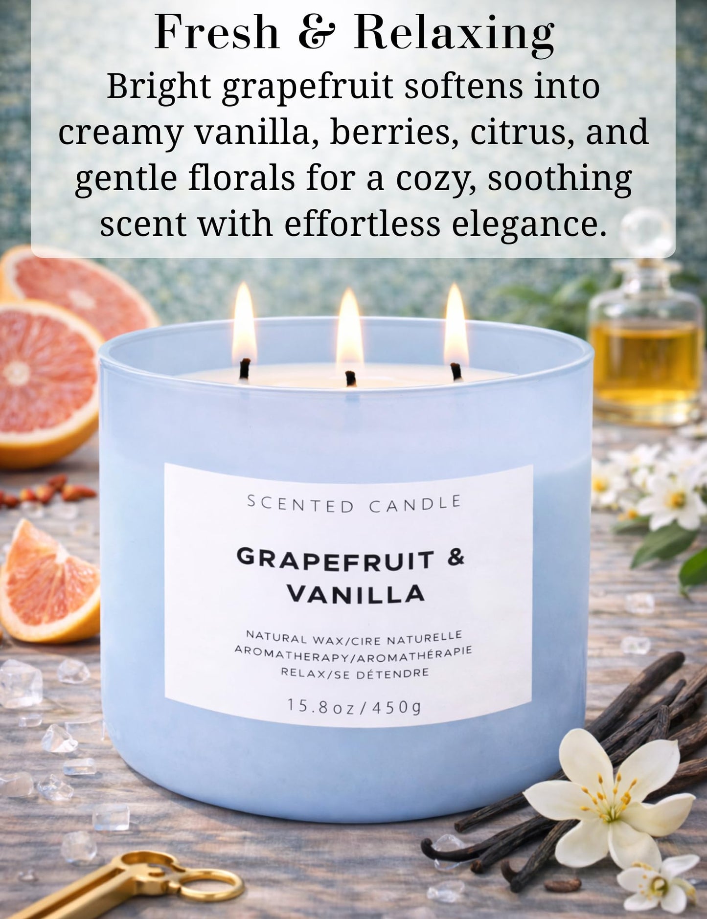 Grapefruit Vanilla 3-Wick Soy Candle | 15.8 oz Large Scented Candle for Home | Highly Scented Aromatherapy Candle for Women | Luxury Citrus Vanilla Candle Gift | Clean Burn Long Lasting