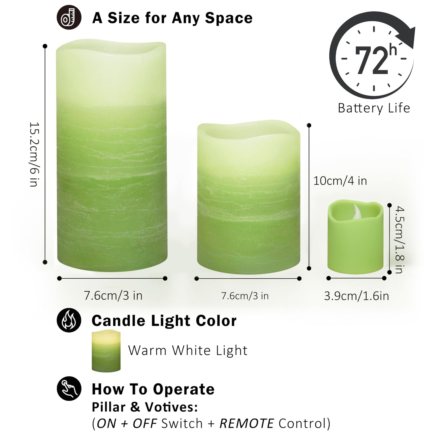 FURORA LIGHTING Green Ombre Flameless Candles - Real Wax, Adjustable Brightness, Remote & Timer - 4 Pillars (3x4, 3x6) and 4 Votives, 8-Pack, Battery Operated