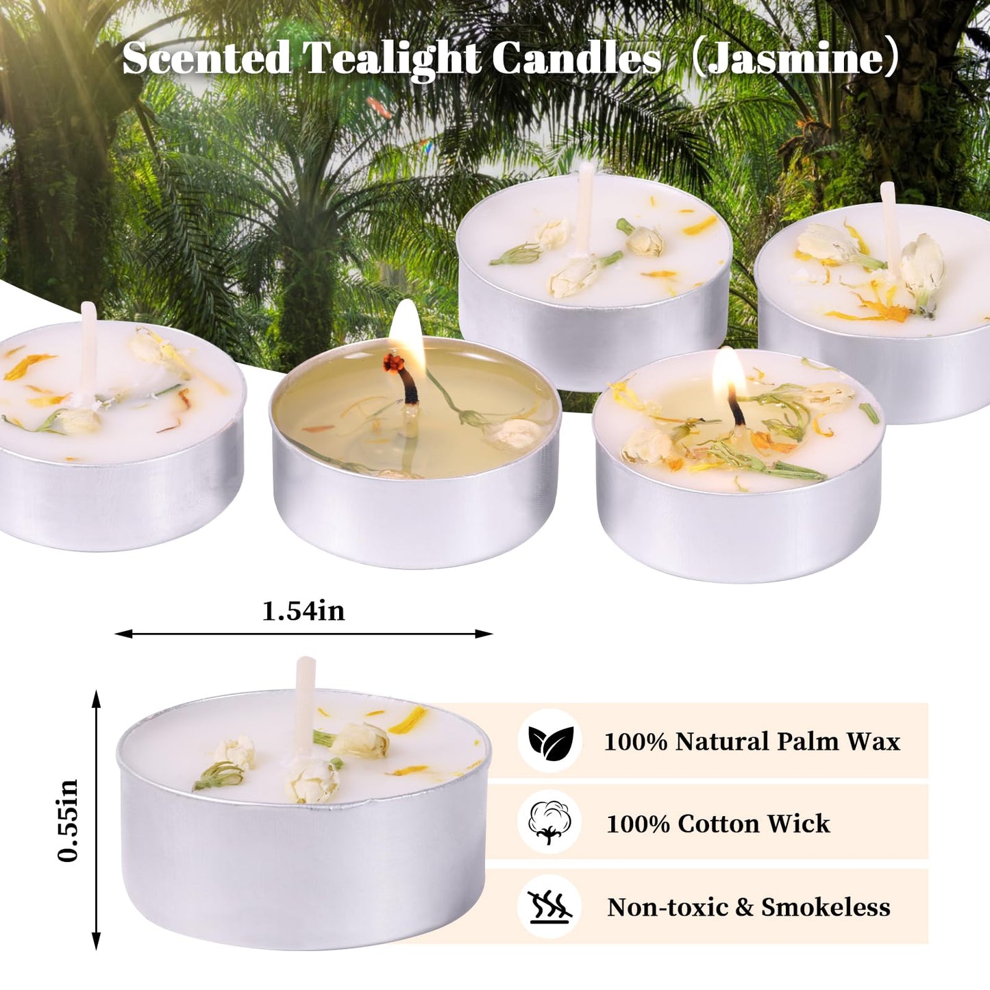 Jasmine Scented Tealight Candles 16 Pack - 4-Hour Palm Wax White Tea Lights, Plant Dried Flower Scented Tea Candle (Paraffin-Free), Votive Candles for Home/Yoga/Bath/Meditation