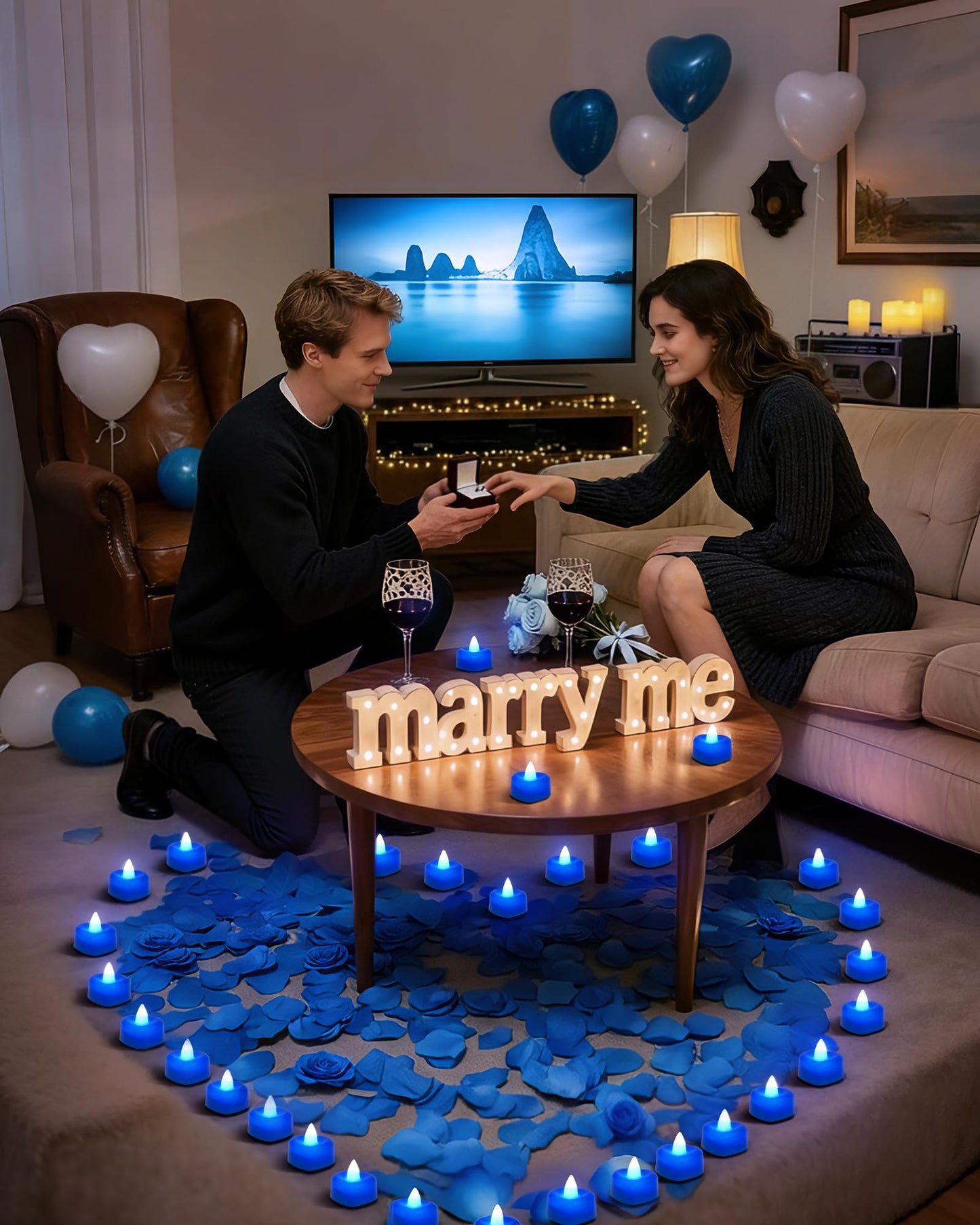 Amagic 4000 Pieces Blue Artificial Rose Petals with 50 Blue Heart LED Tea Lights, Rose Petals and Candles Set for Proposal, Anniversary, Romantic Night, Wedding Decor