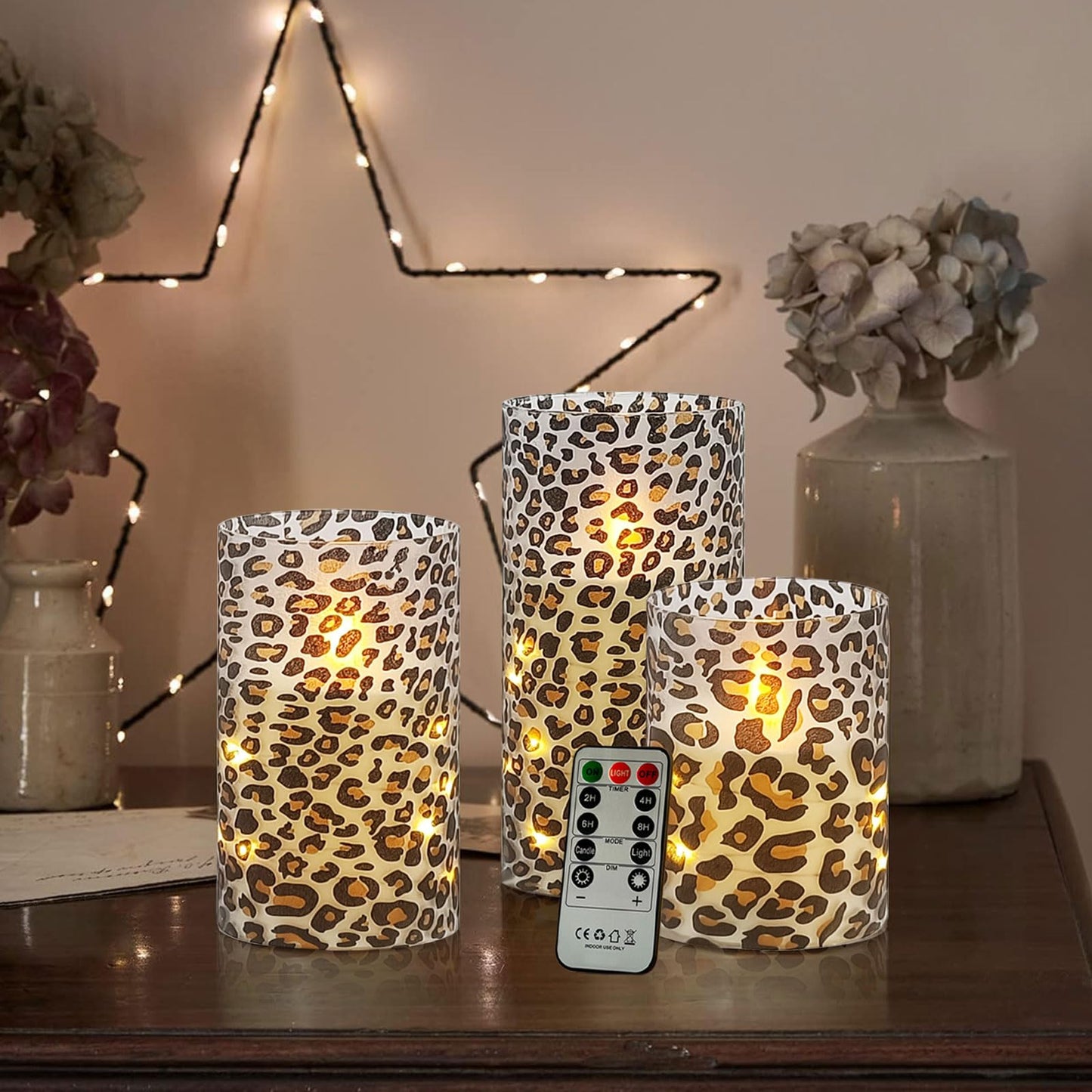 NjaoHoo Flickering Flameless Candles, Recessed String Light LED Candles 3D Wick Acrylic Battery Operated LED Pillar Candles with Remote and Timer for Modern Simple Home Decor Set of 3(Leopard)