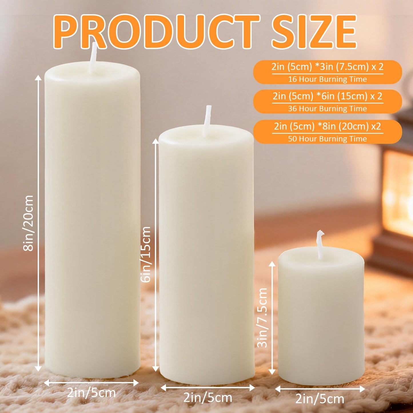 Trxvxo White Pillar Candles, 6-Pack Bulk Set in 3 Sizes (3, 6 & 8 Inch - 2 Each). Dripless, Unscented & Smokeless Hurricane Candles for Weddings, Parties & Home Decor.