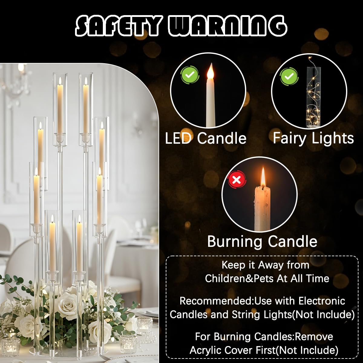 VINCIGANT 8 Arms Clear Candlesticks Holder for Wedding Decorations,Tall Arcylic Candelabra Candle Holder with Shade for Valentines Day Events Party Table Centerpiece,Fit LED Candles