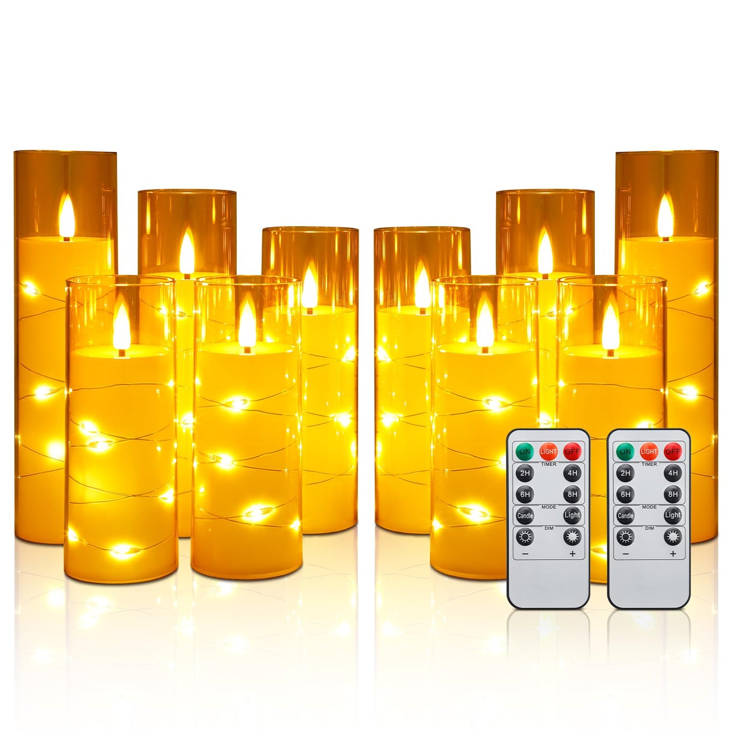 Enido 10 Pc Flameless LED Candles with Remote & Timer, Battery Operated Acrylic Pillar Set, Flickering Electric Lights with Embedded Star String for Cozy Home & Holiday Romantic Decor (Matte Gold)
