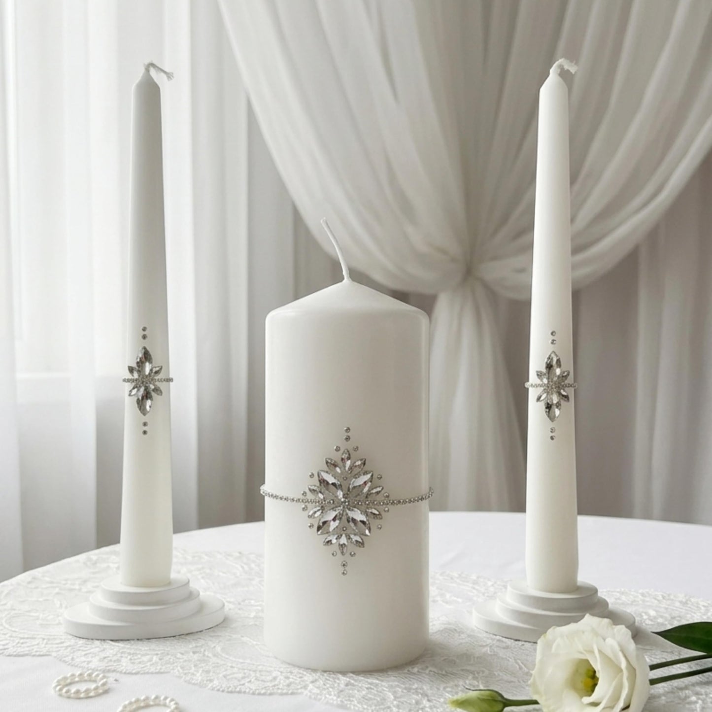 Magik Life Unity Candle Set - Wedding Ceremony & Reception – 6” Pillar & Two 10” Taper Candles – Long Burning Unity Candles for Marriage Ritual – Handmade in USA –White|Cristal|Classic