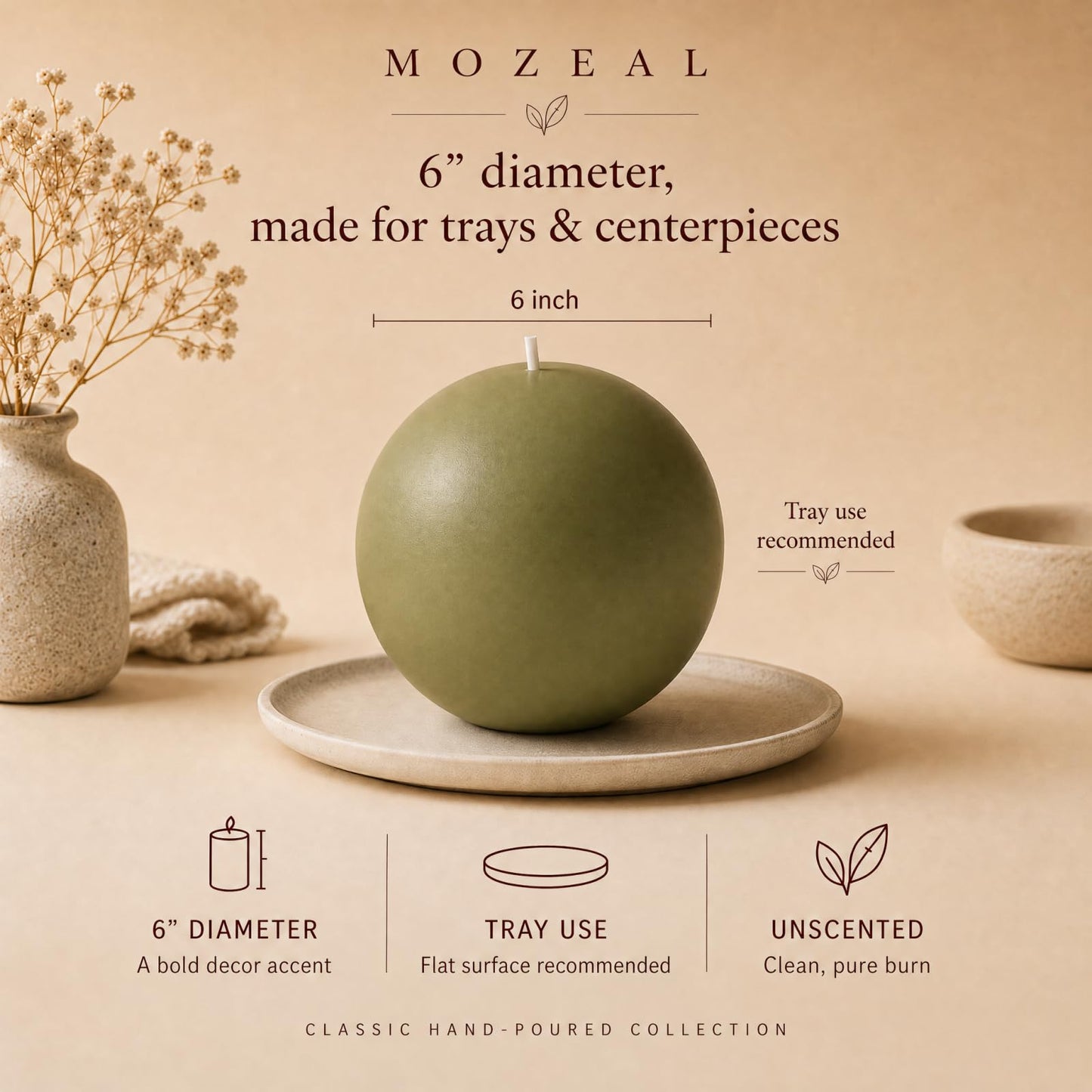 MOZEAL Hand-Poured, 6 Inch Olive Green Large Round Ball Candles - Elegant Olive Green Round Pillar Candles, Dripless, Unscented, Smokeless, Ideal for Autumn Gatherings.