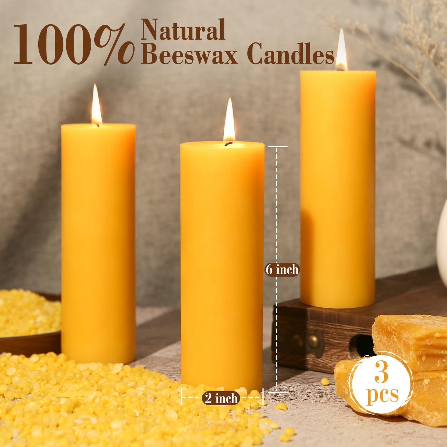 3 Pack Natural Beeswax Pillar Candles 2x6in,360 Hours Long Burning Unscented Beeswax Candles,100% Pure Bees Wax Candles for Home,Emergency,Dripless Pillar Candle Bulk