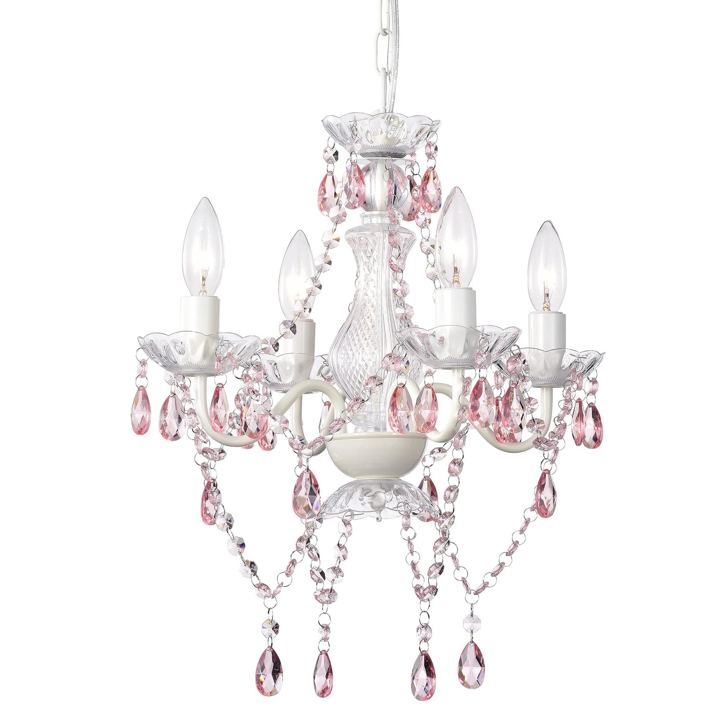 LaLuLa Pink Chandelier White Chandeliers Lighting with Acrylic Crystals Mini 4 Lights Pendant Light for Bedroom and Girls Room