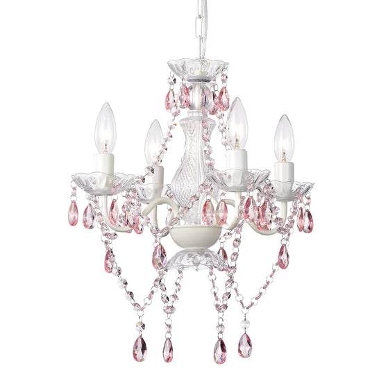 LaLuLa Pink Chandelier White Chandeliers Lighting with Acrylic Crystals Mini 4 Lights Pendant Light for Bedroom and Girls Room