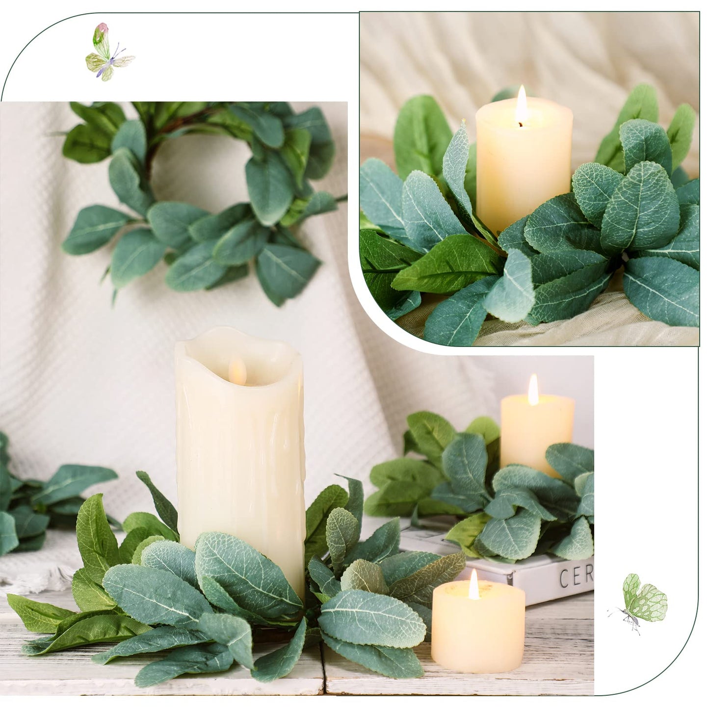Panelee 20 Pcs Candle Rings Artificial Eucalyptus Candle Wreath Rings Greenery Leaves Boho Candles Garland Pillar for Wedding(Cute Leaf Style)