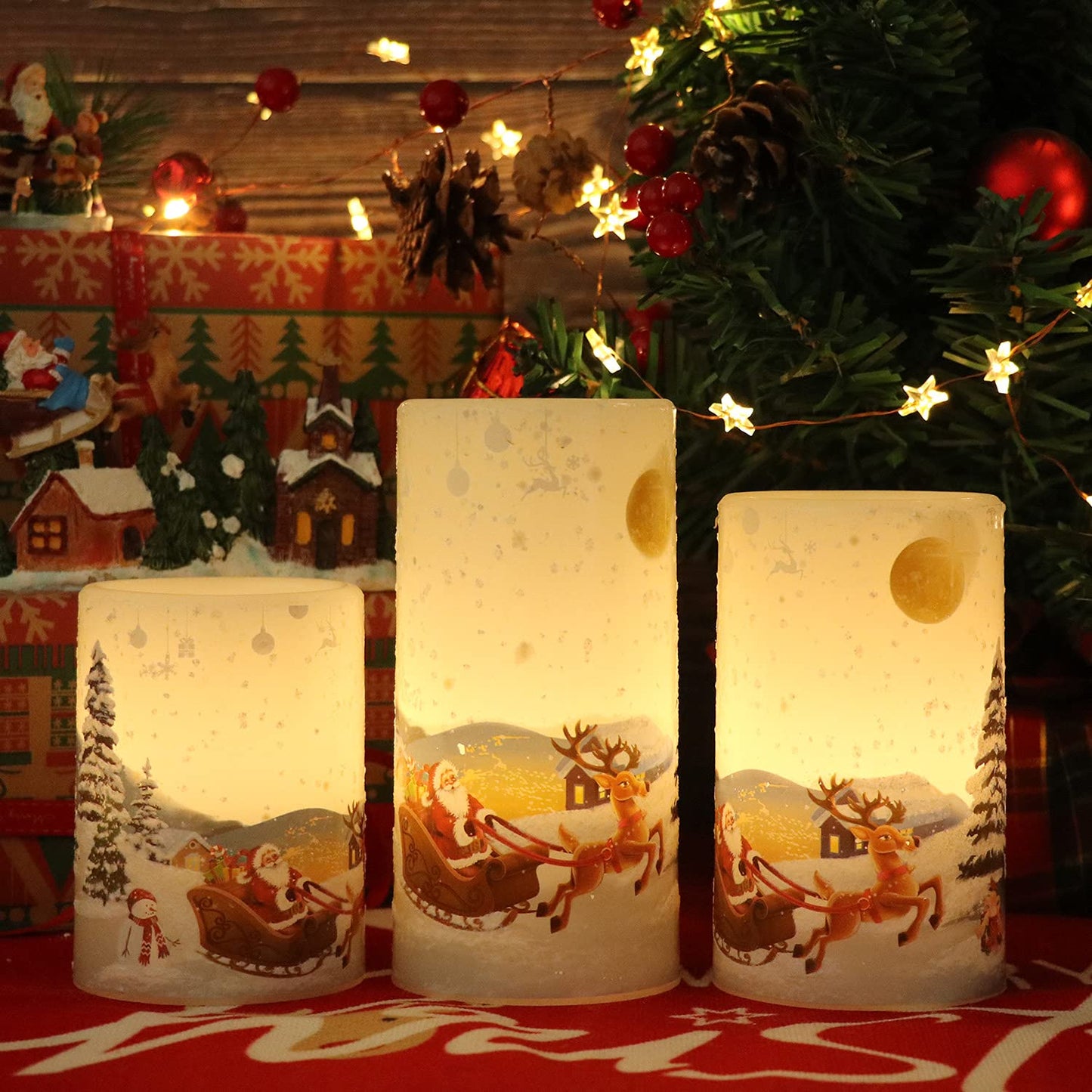 Eldnacele Christmas Flameless Candles with Timer, LED Flickering Battery Pillar Candles with 6H Timer and Santa Snowman Decals, Festival Winter Party Decoration Set of 3 (D 3” x H 4” 5” 6”) - Santa