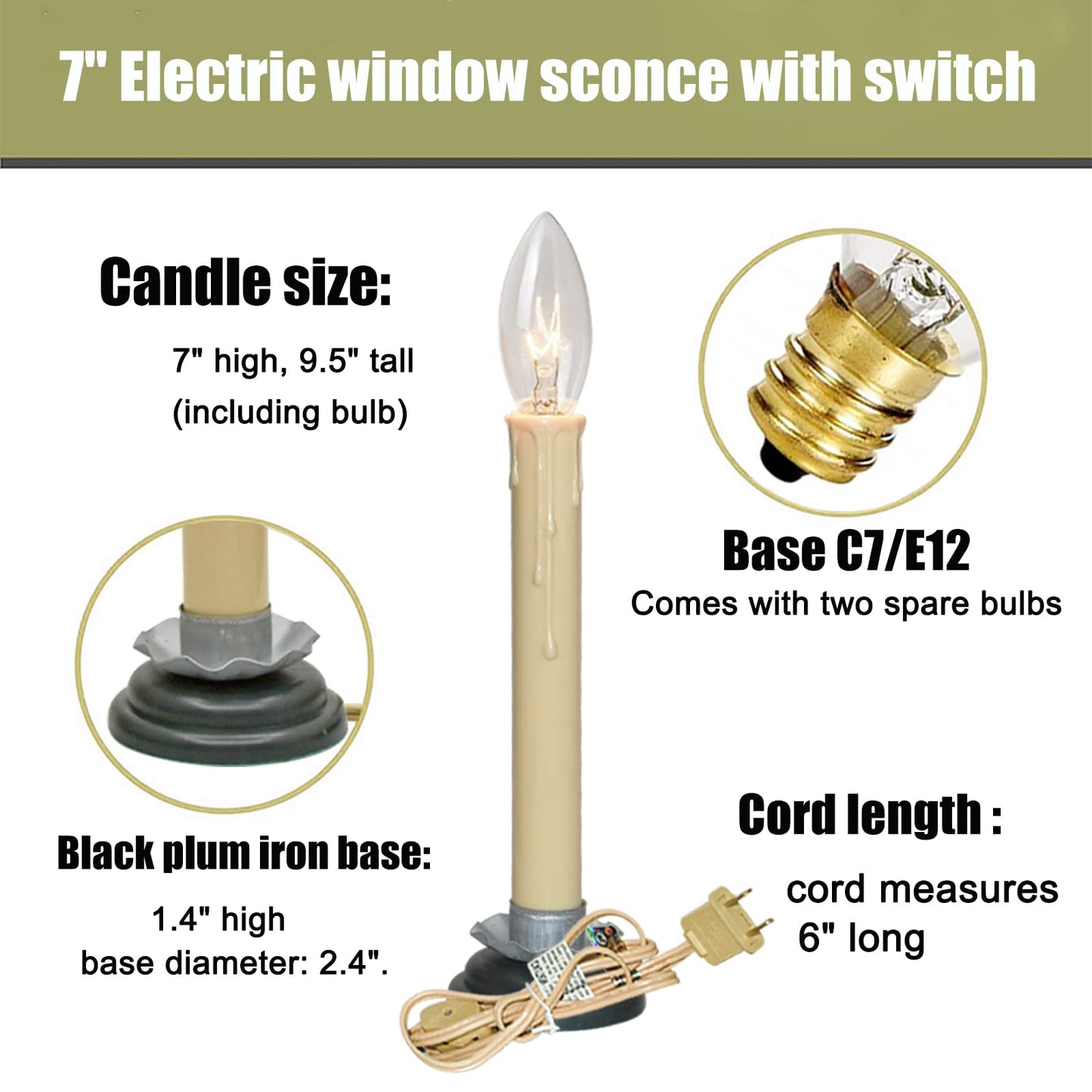 SUNSGNE Set of 4 Electric Window Candles, 7 Inch Plug in Window Candle Lamps with 7 Watt C26 Bulbs, Electric Candles with Black Wood Plum Iron Base, Turn On/Off Switch Candlesticks, Ivory Cord