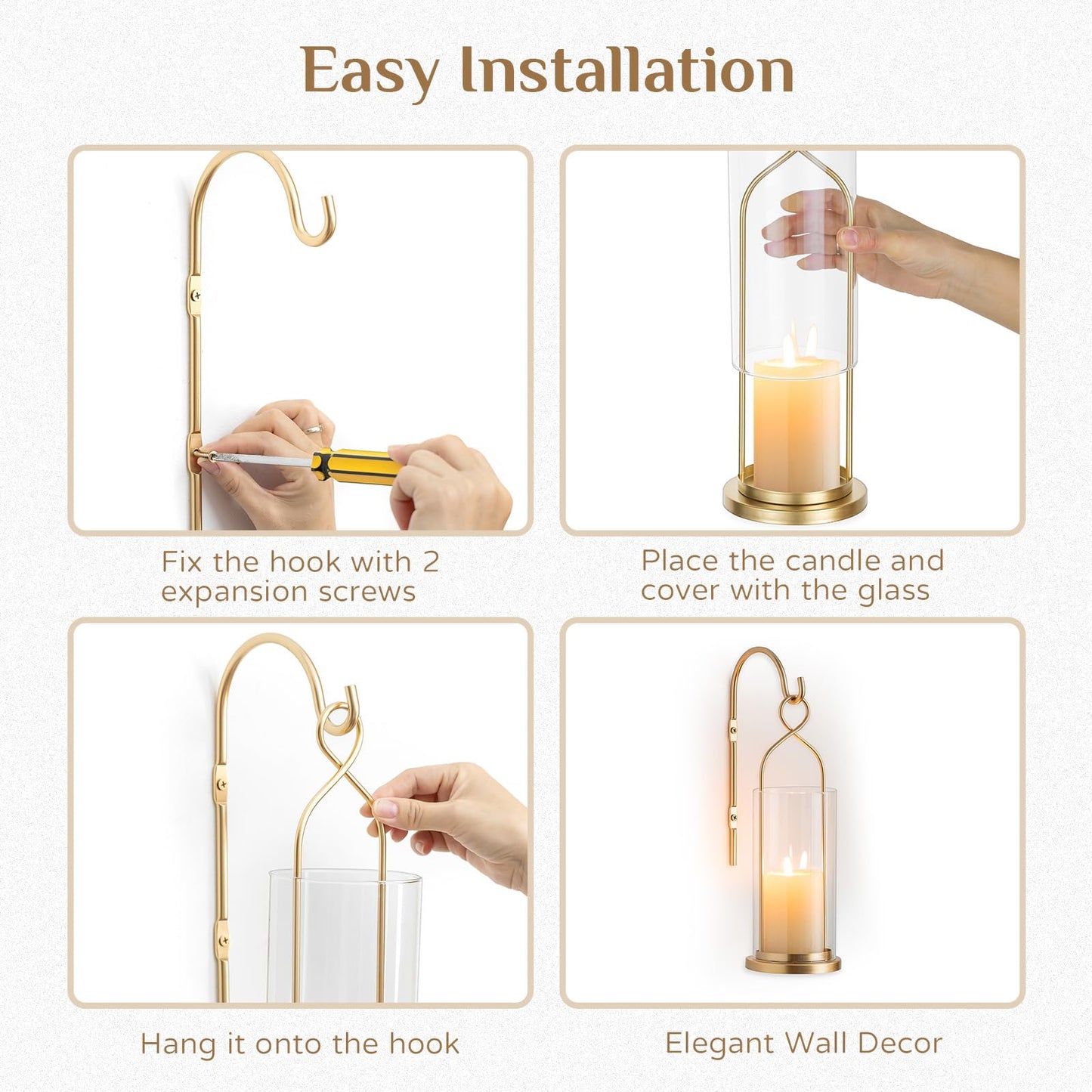 Walasis Gold Candle Sconces Wall Decor: Set of 2 Wall Candle Holder for Pillar Candles - Modern Metal Hurricane Lantern Decoration for Indoor Porch Fireplace Bathroom Living Room