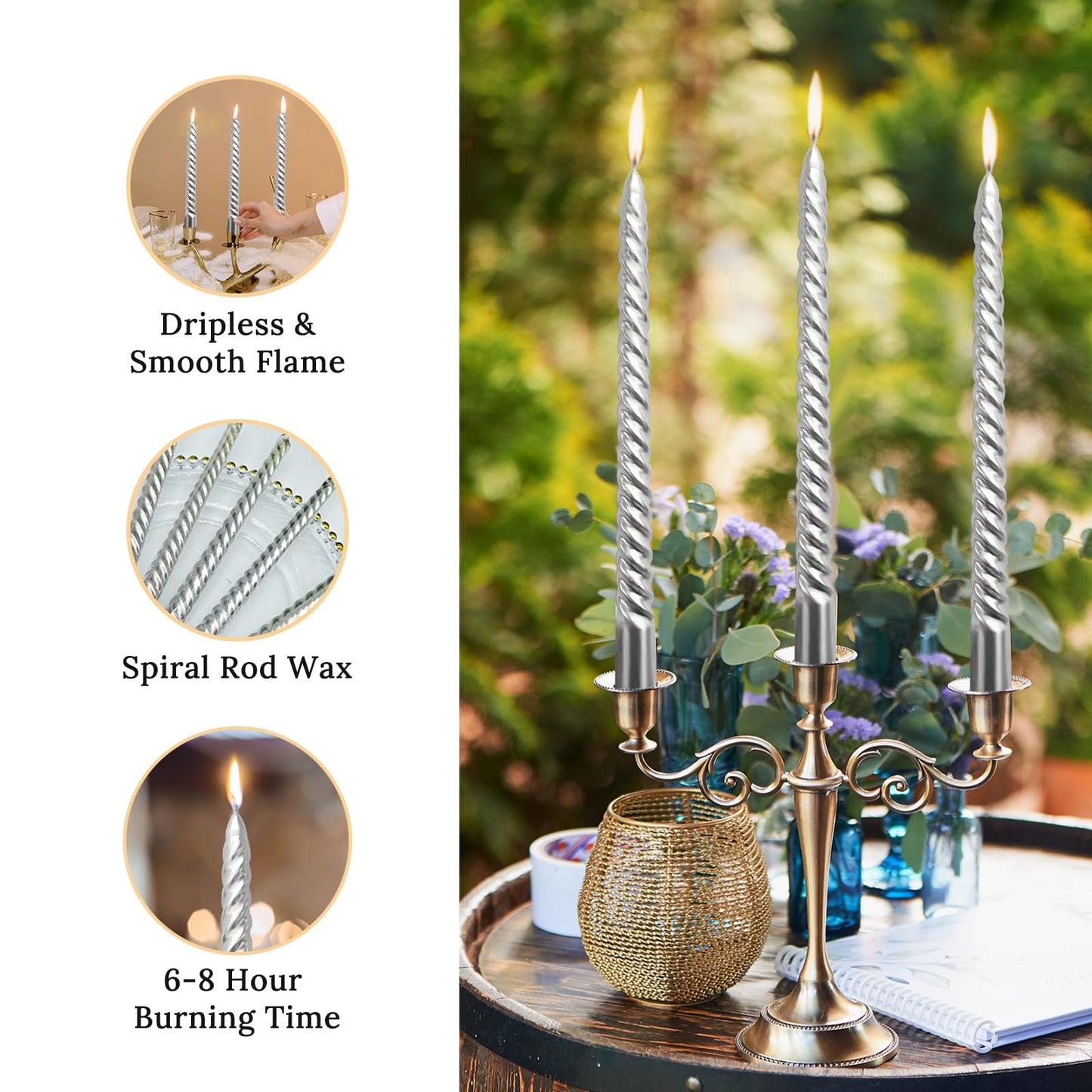 10 Inch Silver Spiral Taper Candles Set for Holiday Decor, 12 Pack Unscented Twisted Candlesticks, Dripelss Thin Tapered Candles for Wedding Dinner Parties Galas Award Ceremonies Religious