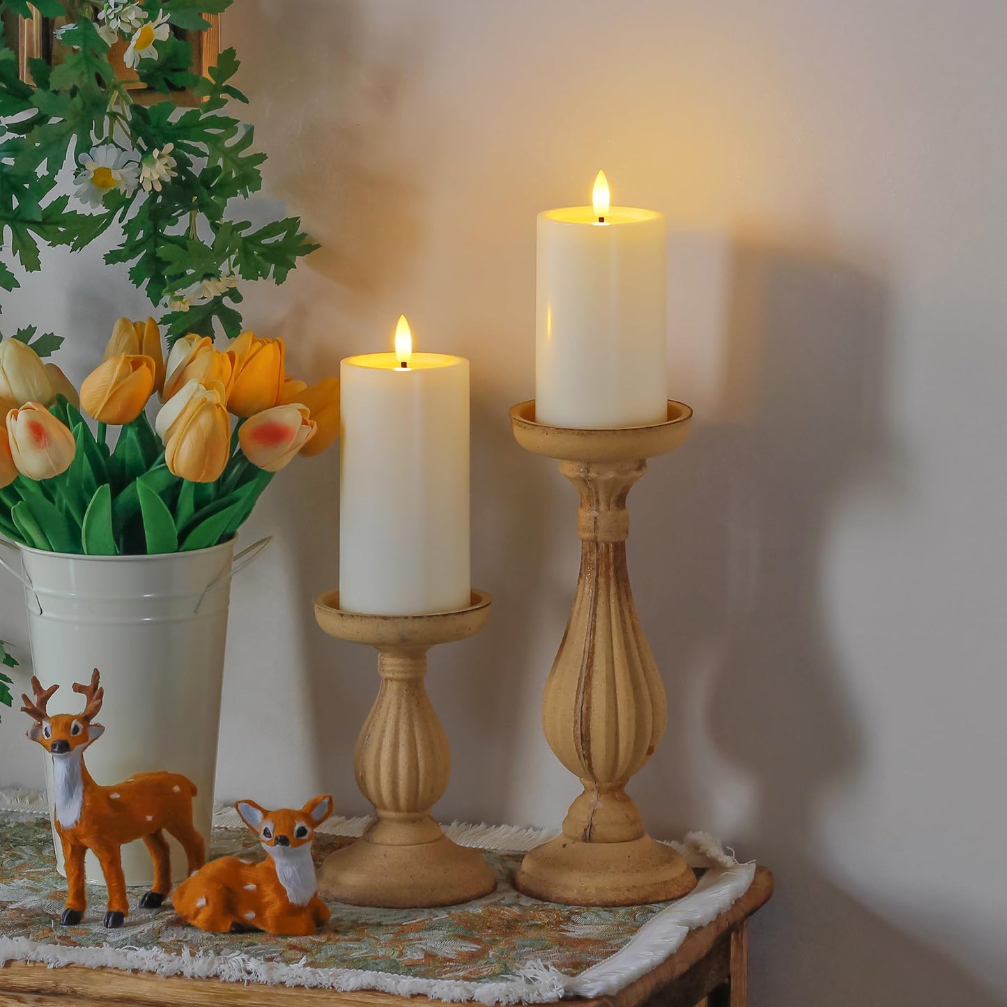 Yeelida Outdoor 4pcs Flameless Waterproof Candles with Handy Remote Control, Cycle Timer Battery Operated Candle Grease Effect LED Flickering Pillar Plastic Long Lasting (Ivory, 3" x4" 5" 6" 7")