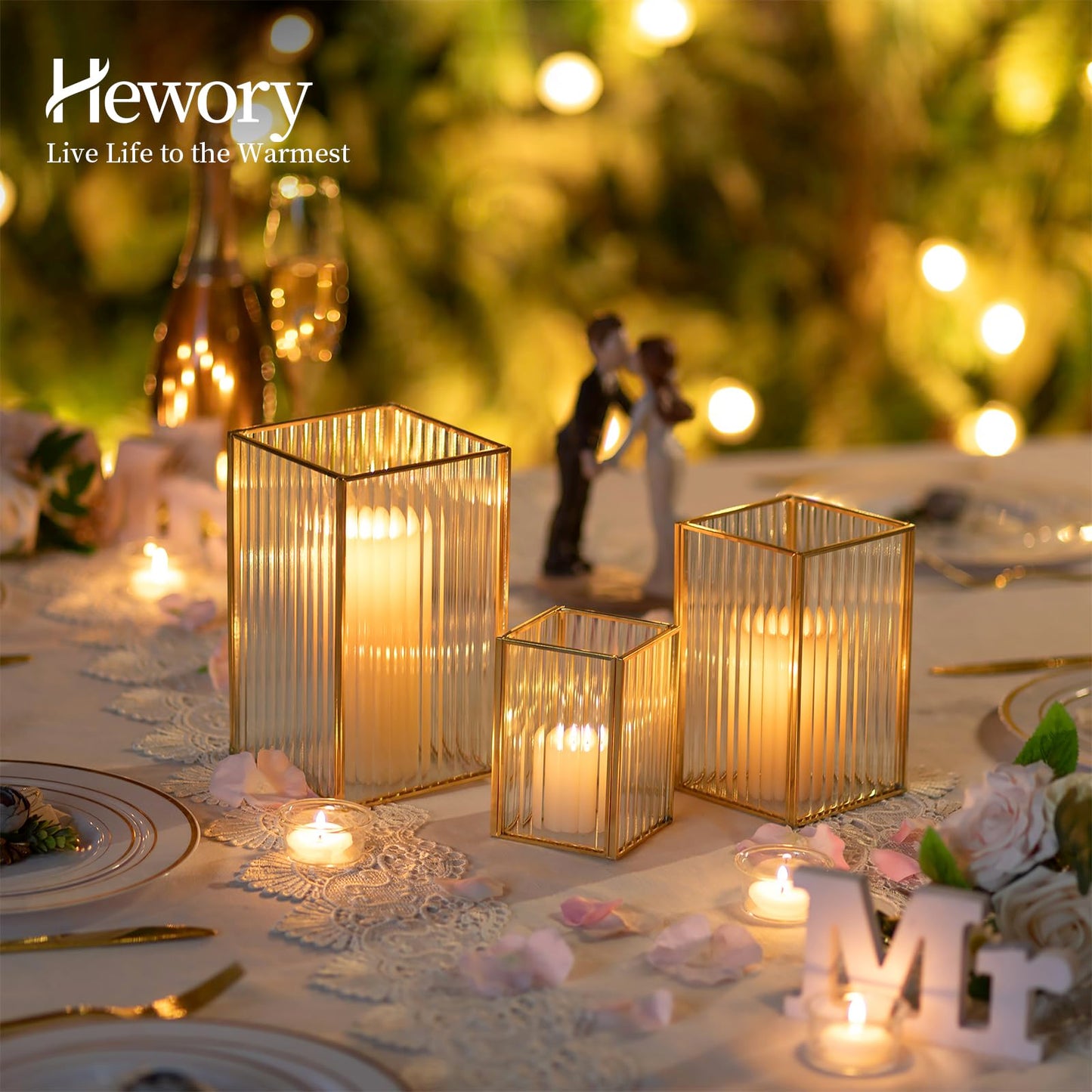 Hewory Gold Hurricane Candle Holder: 6 PCS Ribbed Hurricane Glass Candle Holders for Pillar Candles, Square Pillar Candle Holders for Table Centerpiece Wedding Christmas, Home Decor for Kitchen Patio