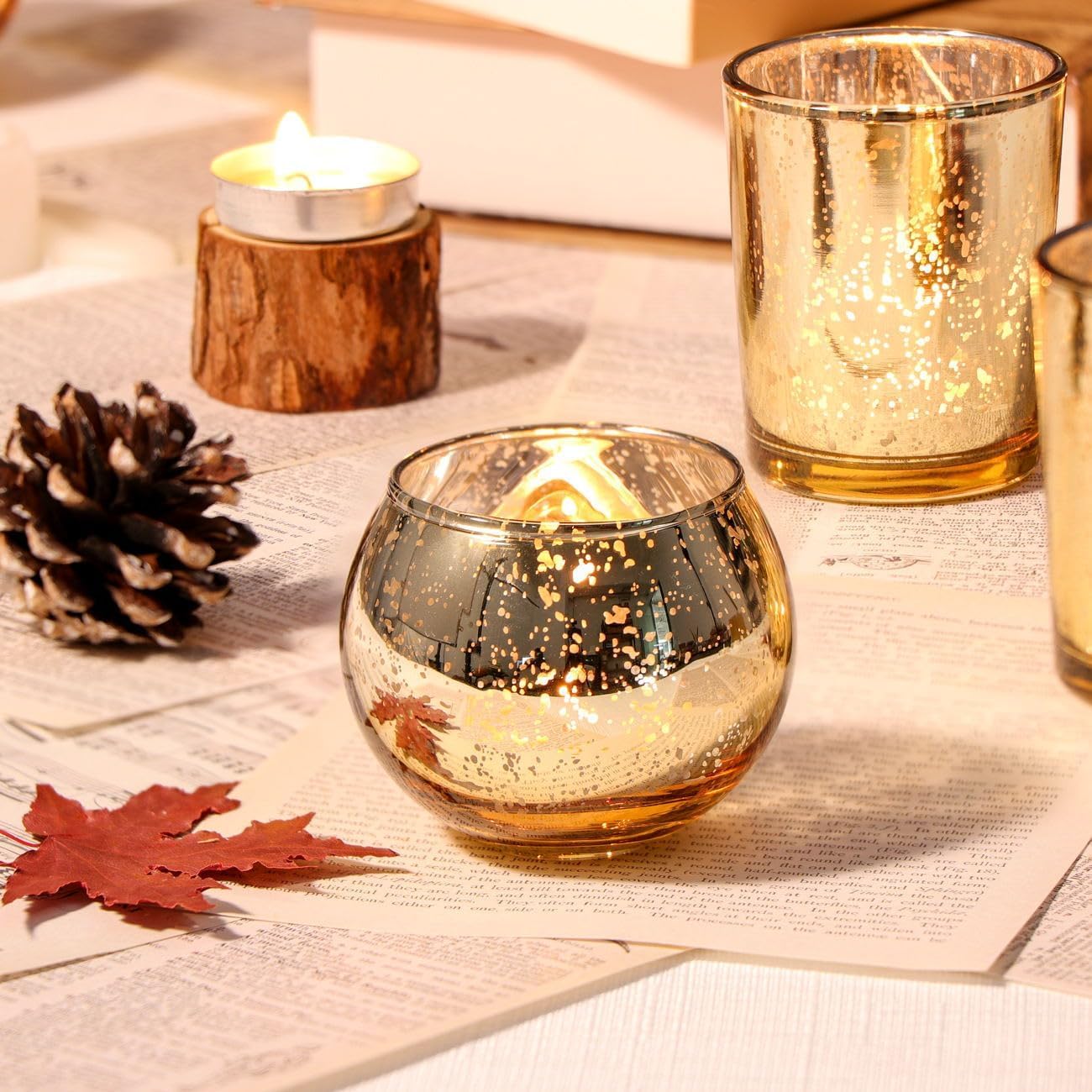 12pcs Gold Round Votive Candle Holders,Glass Gold Mercury Glass Votive Candle Holders Round Tealight for Christmas Decoration, Table Centerpieces, Weddings, Shower Gift