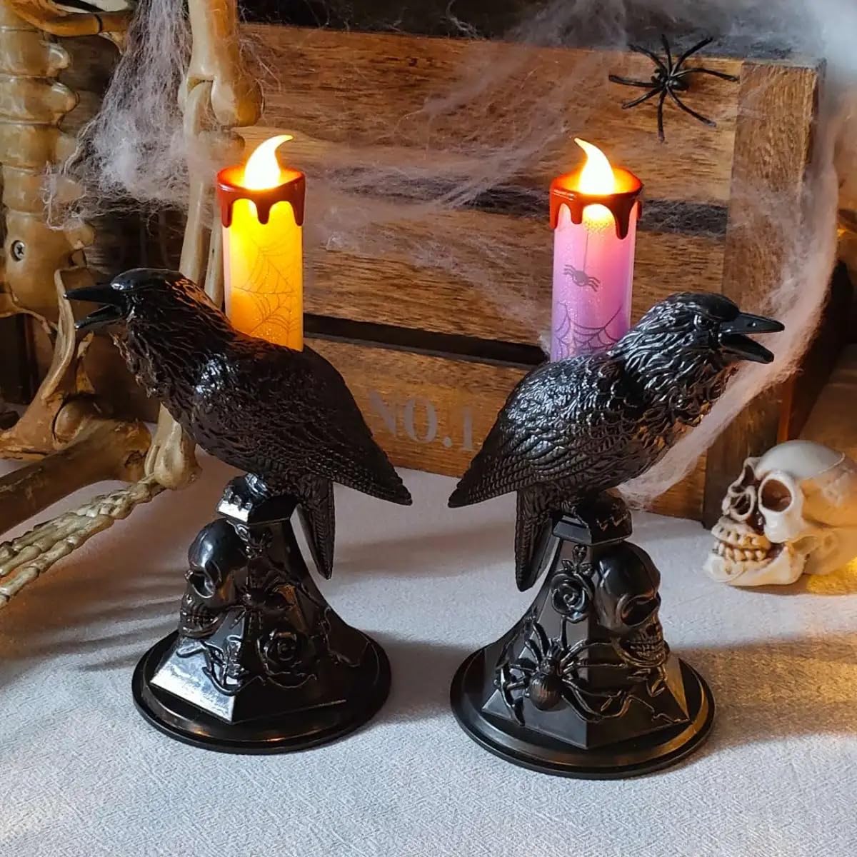 2Pack/Set LED Raven Halloween Flameless Candles, Black Crow Skull Statue Candlestick, Purple and Orange Glowing Light Flickering Candle Holder Halloween Table Lamp Scary Ornaments Home Decorations