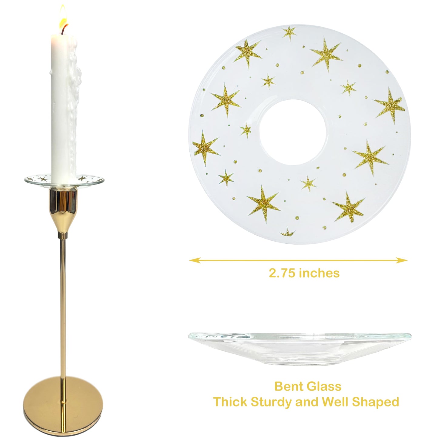 VGEUNA 4 Pieces Patterned Glass Bobeches for Candlestick Holder, Gold Glitter Stars Design, Candle Drip Protector Guard, Wax Catcher Ring Accessories (Gold Glitter)