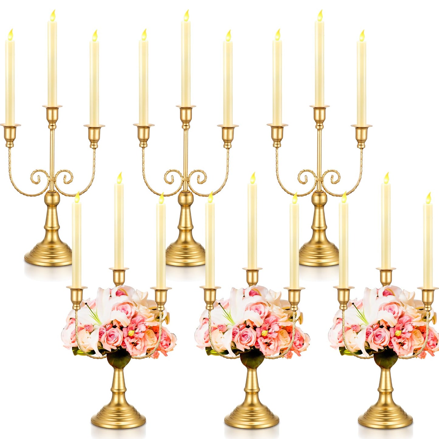 Hushee 6 Pcs Gold Candelabra Candle Stand Metal Candlestick Holder 3 Arm 12 Wedding Candlestick Holder for Theme Party Table Centerpieces Wedding Holiday Birthday Party