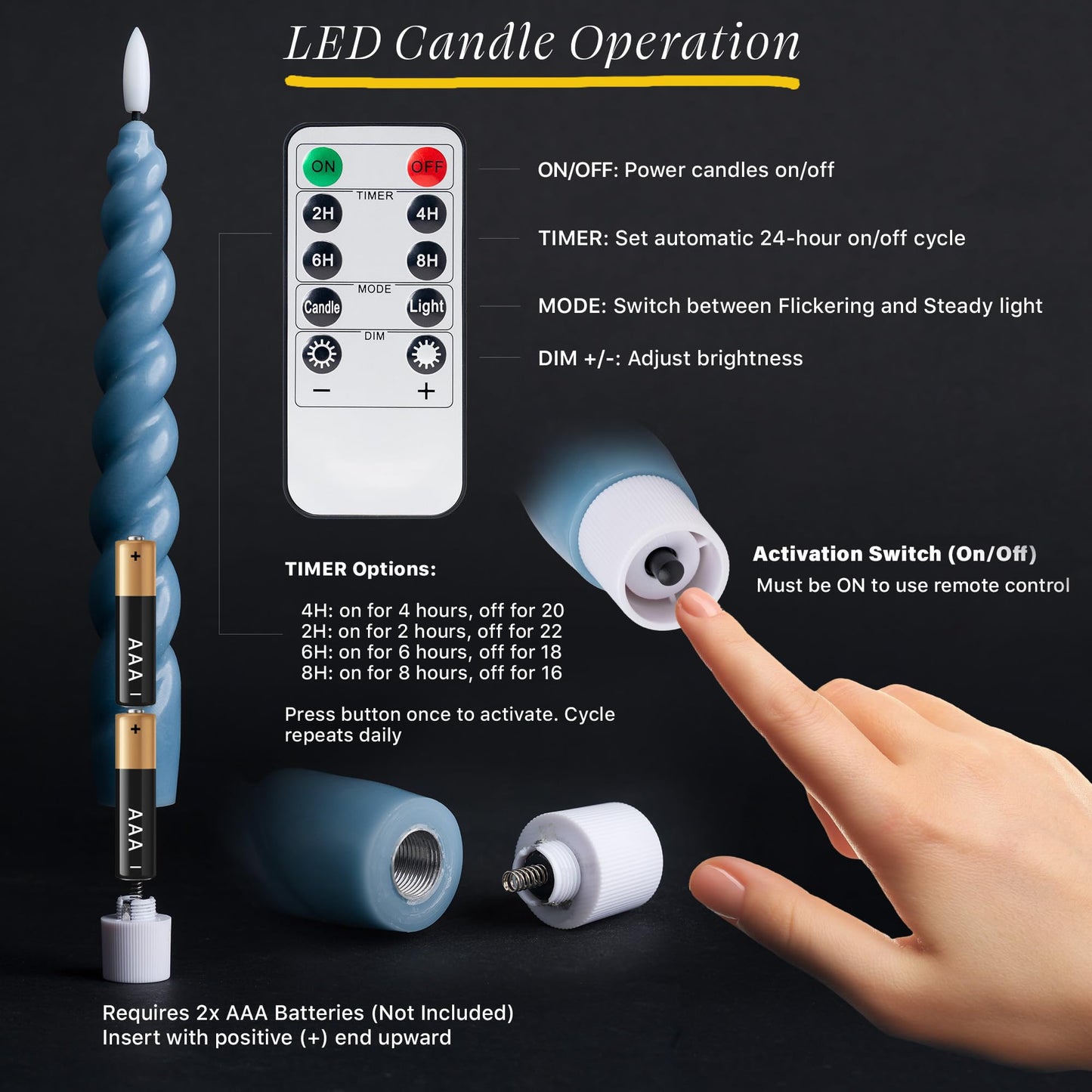 West Ivory Full Twisted Spiral Flameless LED Taper Candles – Dusty Blue, Set of 2 – 2/4/6/8-Hr Timer (24-Hr Memory), Remote, Dimmable, Bottom On/Off Button, Flicker/Steady, Battery Operated