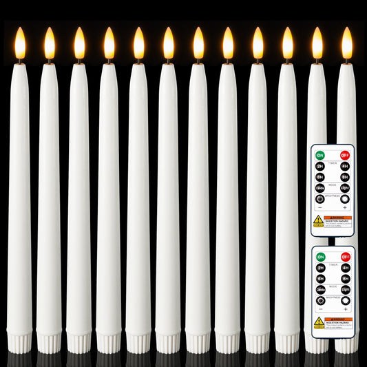 Homemory 11 inches Waxy Flameless Taper Candles with Remote Timer Dimmer, 12 Pcs Battery Operated Taper Candles with Flickering Flame, White LED Candlesticks for Wedding, Christmas Indoor Decoration