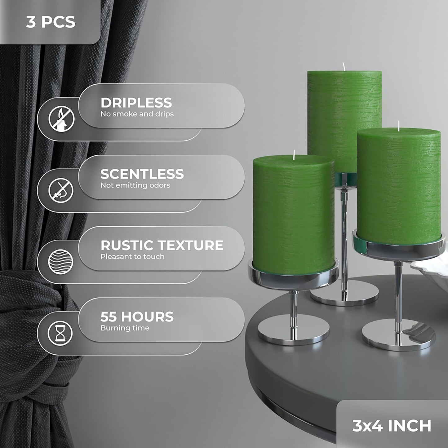 CANDWAX 3x4 inch Grass Green Pillar Candles Set of 3 - Unscented Dripless Rustic Grass Green Candles for Weddings, Centerpieces, Home Décor, Party Decorations