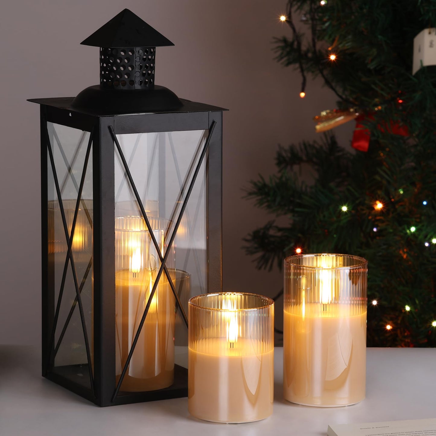 Eywamage Gold Ribbed Glass Flameless Pillar Candles with Remote, Flickering LED Wax Candles Battery Operated Set of 3