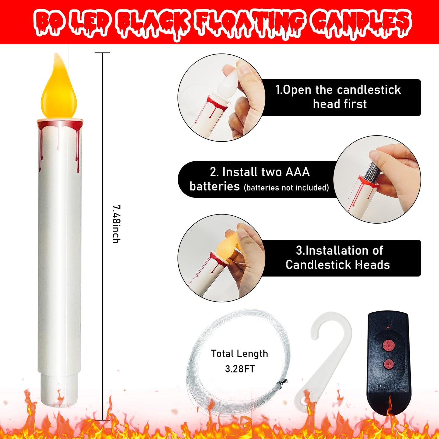 GOOTHY 10 PK Halloween Floating Candles, Hanging Floating Candles with Remote and Flickering Warm Lights, Battery Operated LED Flameless Window Candle Lights for Halloween Party Birthday Home Decor