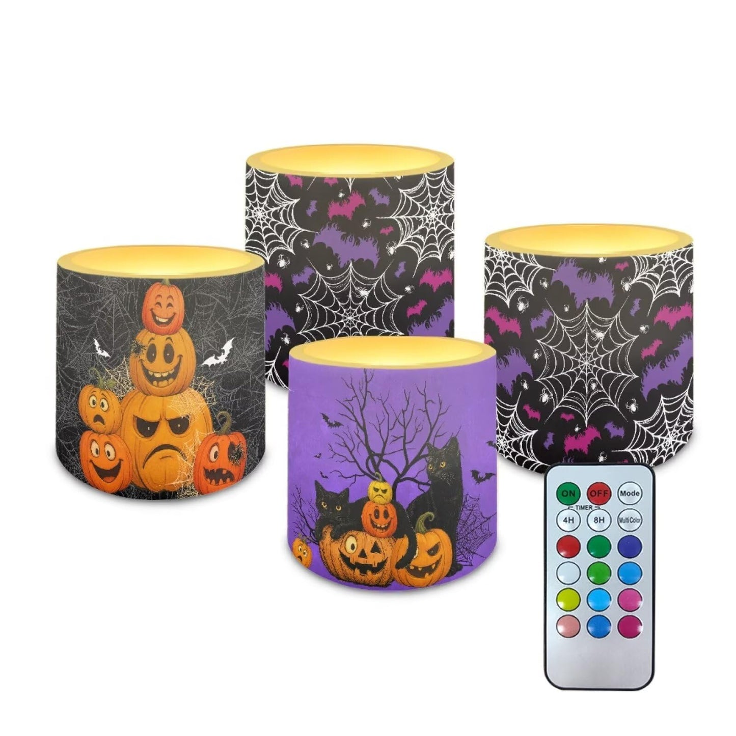 Merkmak Halloween Outdoor Flameless Candles with Remote Battery Operated LED Pillar Candles with Timers Tea Lights for Party Home Living Room Decor, Spider Web Bat Pumpkin Print