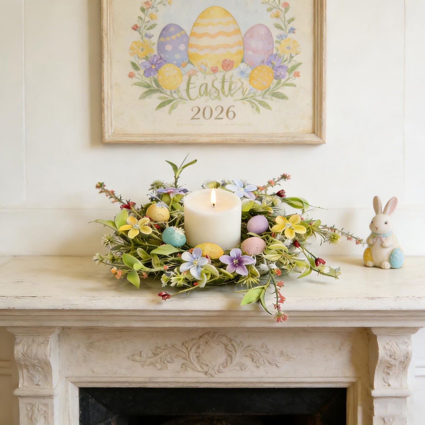 6 Pcs Easter Small Candle Rings Wreaths Mini Pillar Candle Holder Wreath with Eggs and Flowers Artificial Spring Pink Wreath for Home Kitchen Front Door Window Porch Wall Table Cnterpieces