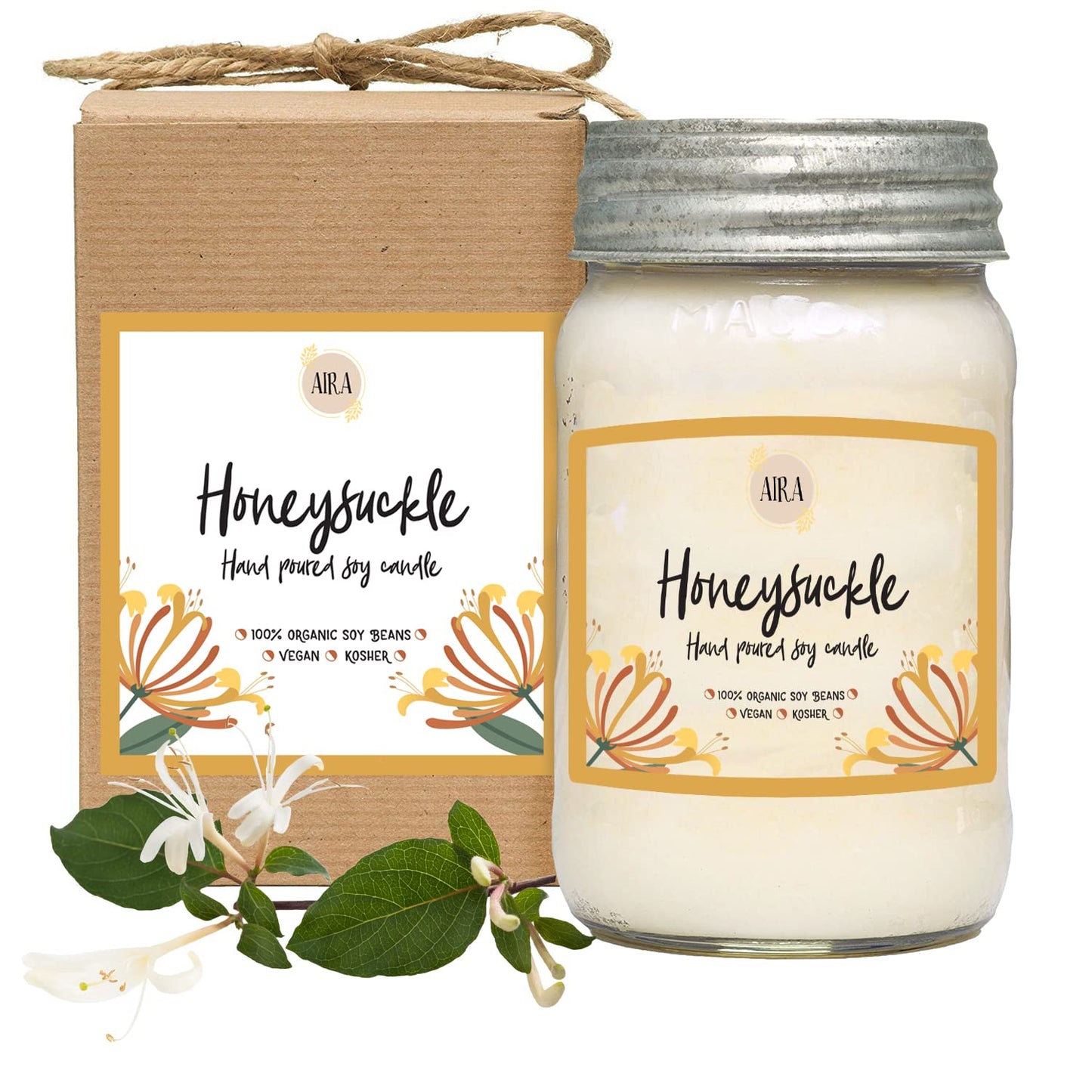 Aira Soy Candles - Organic, Kosher, Vegan Soy Candles w/Therapeutic Grade Essential Oil - Hand-poured w/Pure Soy Candle Wax - Paraffin Free, Burns 110+ Hours - Spring Candle Honeysuckle - 16 Ounces