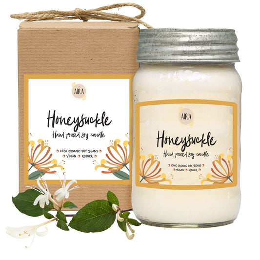 Aira Soy Candles - Organic, Kosher, Vegan Soy Candles w/Therapeutic Grade Essential Oil - Hand-poured w/Pure Soy Candle Wax - Paraffin Free, Burns 110+ Hours - Spring Candle Honeysuckle - 16 Ounces