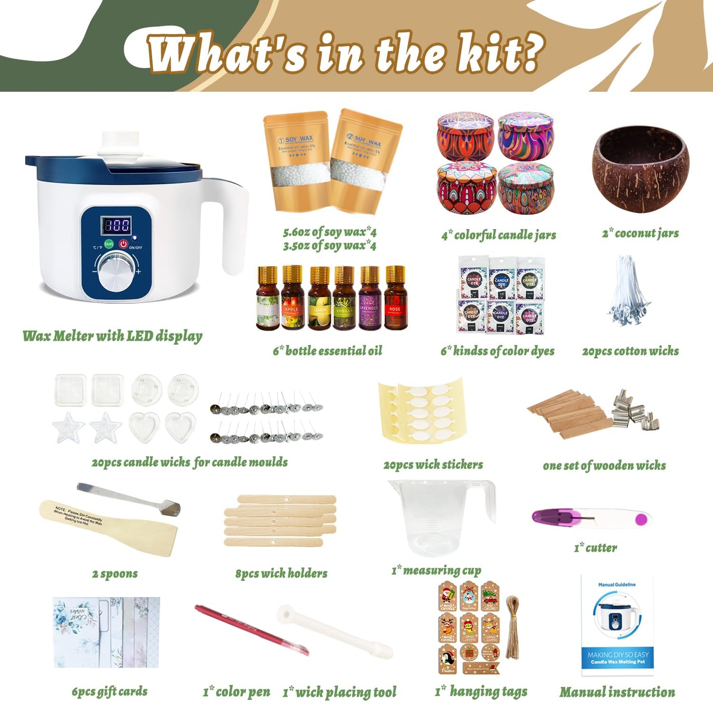 Handnatur Digital Candle Making Kit for Adults with Wax Melting Pot, 6 Candle Jars & Tealight Cups, DIY Wax Melts Kit for Beginners & Pros