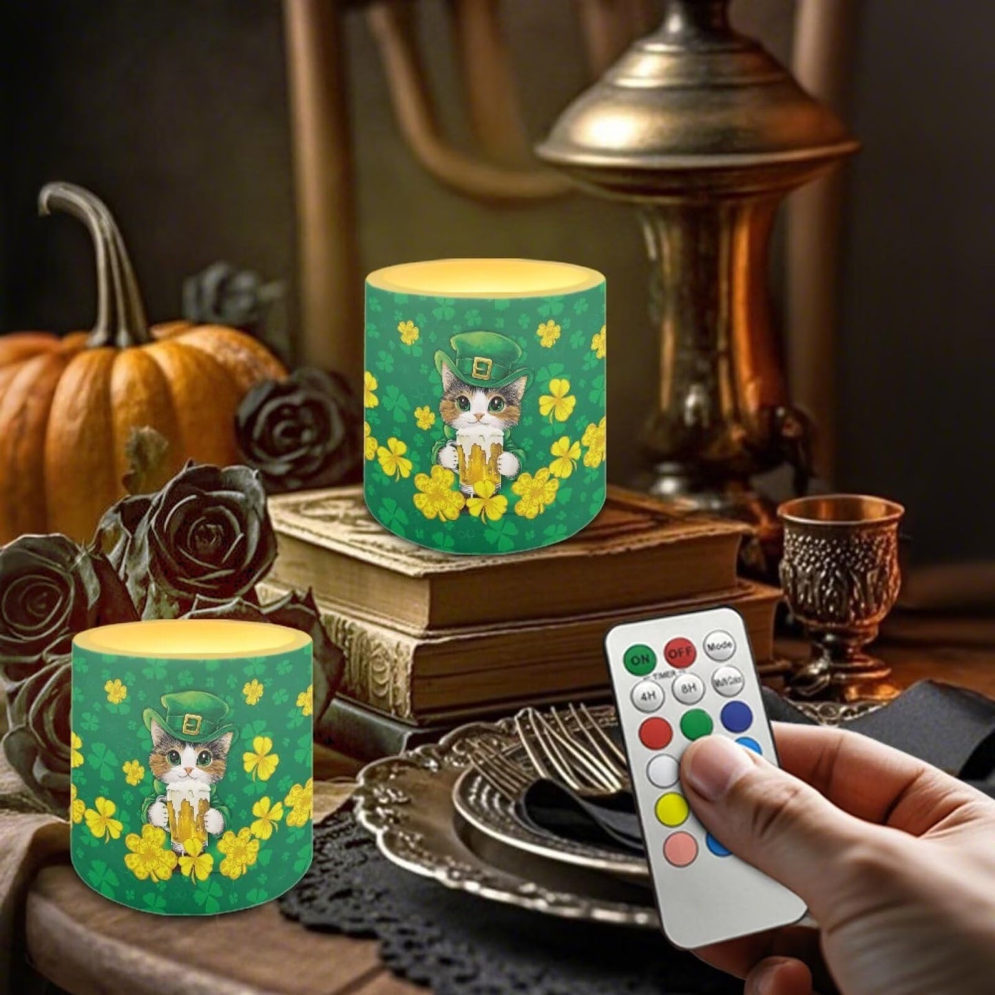 Merkmak 4 Pack Cute Cat Flameless Candles with Timers Flickering Battery Operated LED Candles with Remote St Patrick's Day Shamrocks Tea Lights for Party, Banquet, Home Decoration