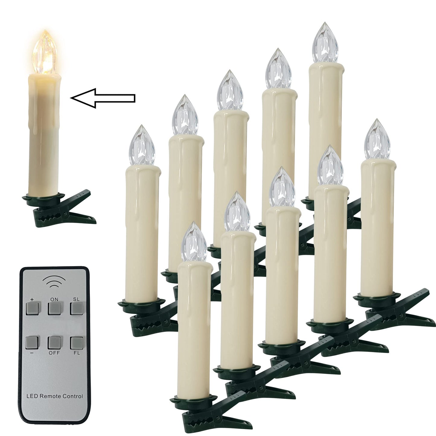 Flameless LED Taper Candles with Clips, 4” Battery Operated Window Candles with Remote Timer Mini LED Chandelier Candlesticks for Home Decor Wedding Church Party & Tree Lighting,10 Pack,Beige